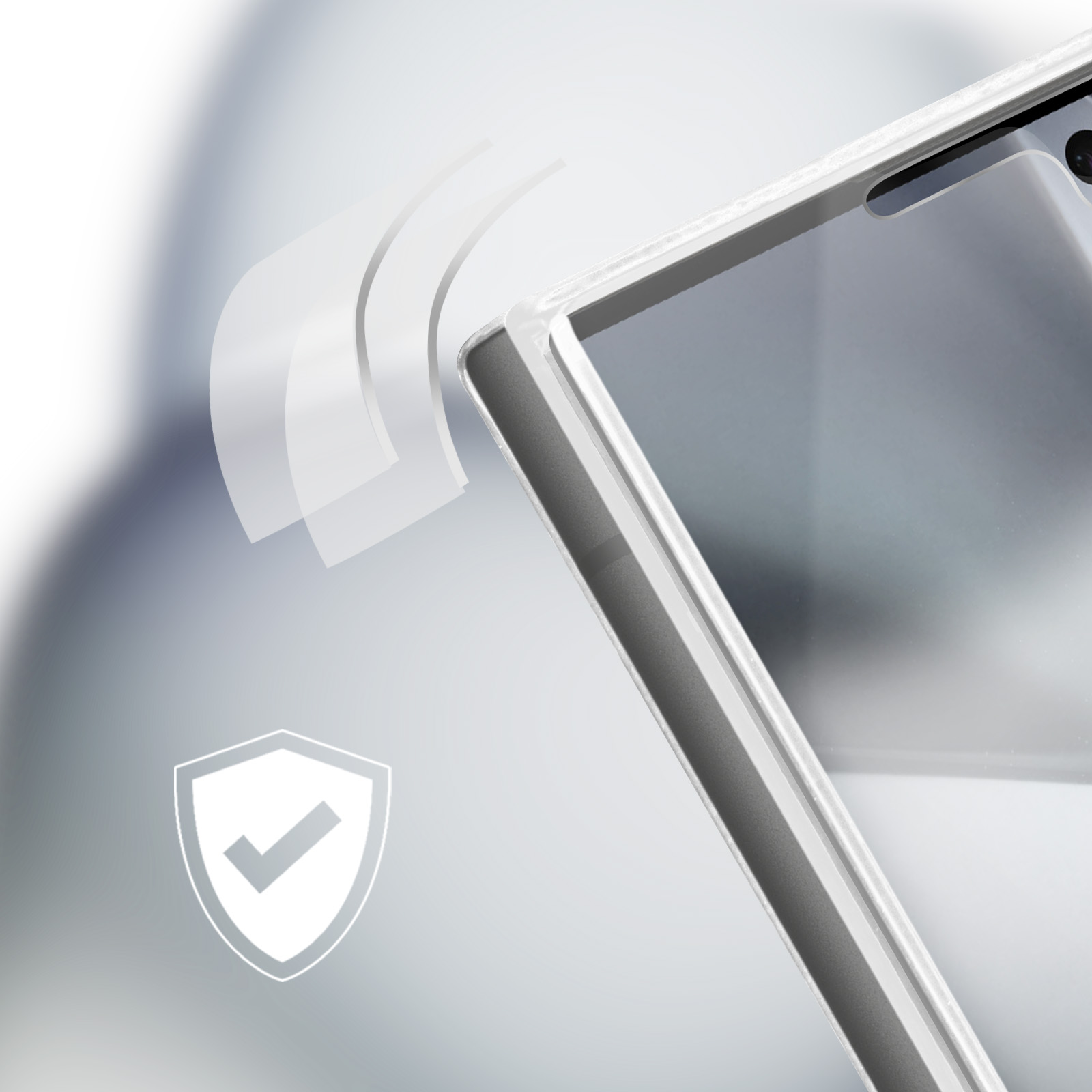 Angolo della custodia del telefono con un design attorno alla fotocamera. Appare un'icona a scudo bianco con un segno di spunta.
