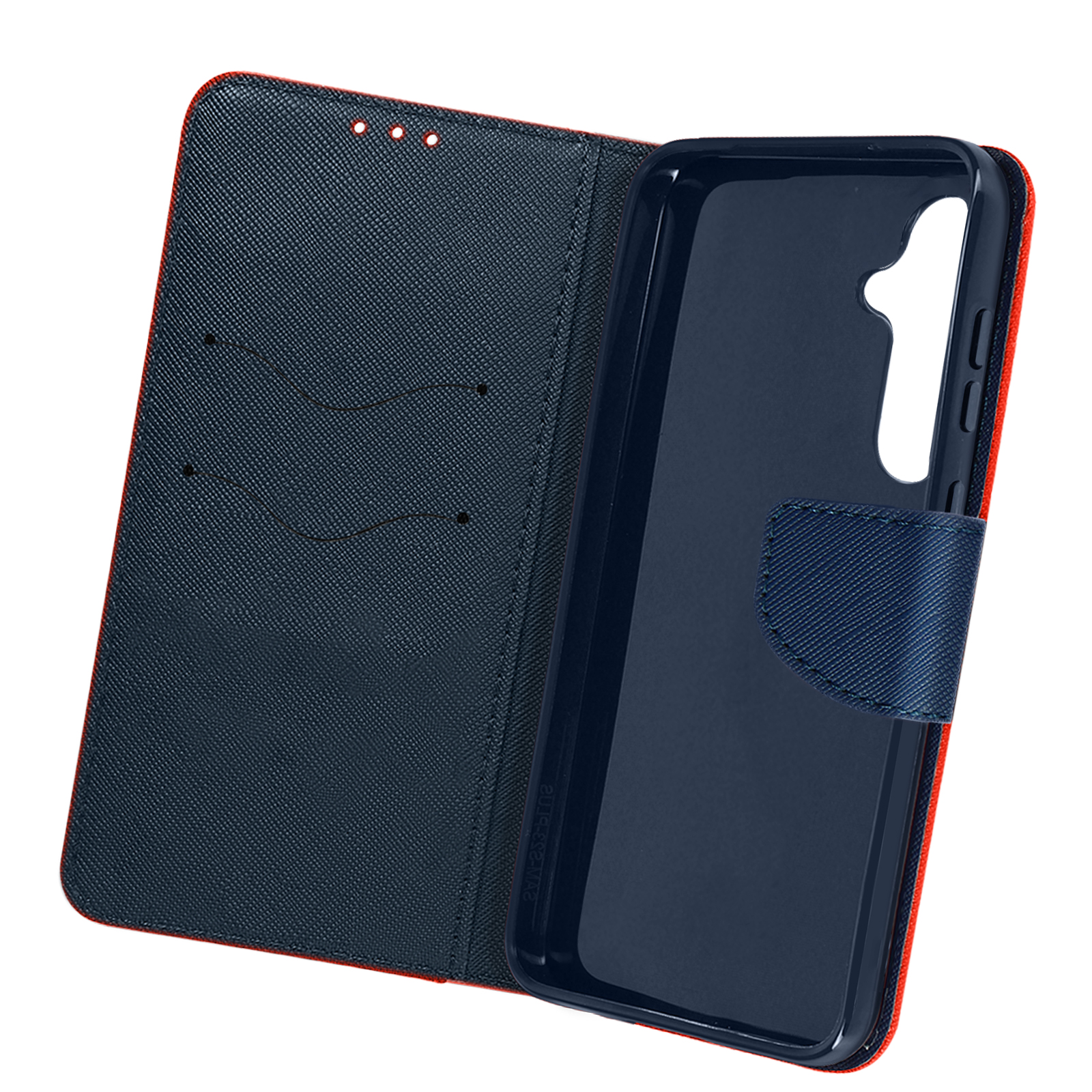 Una custodia per telefono aperta, rossa e blu navy, con una custodia per telefono all'interno e scomparti per carte.