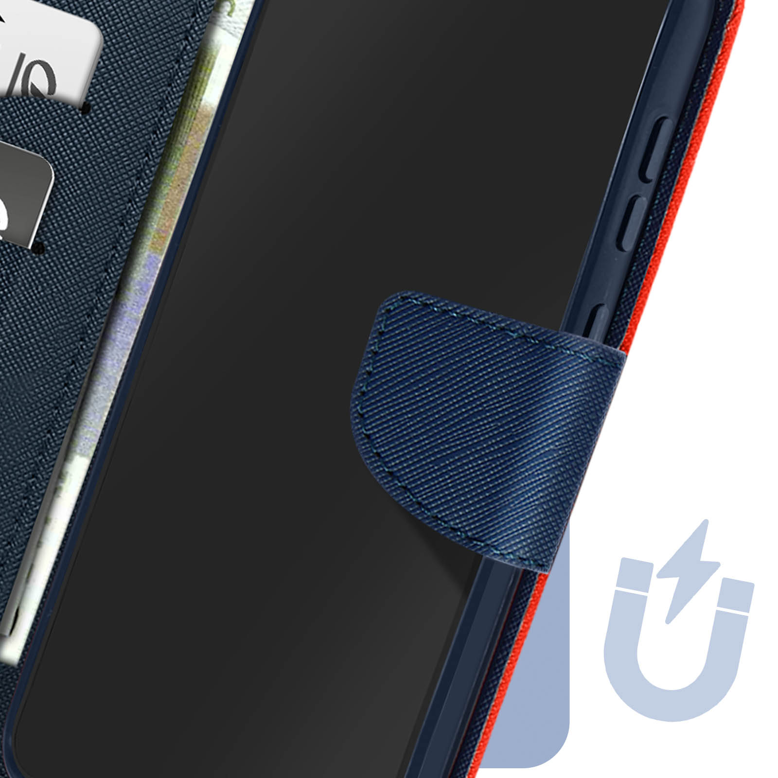 Custodia blu per telefono con design a portafoglio, chiusura magnetica e fessure.
