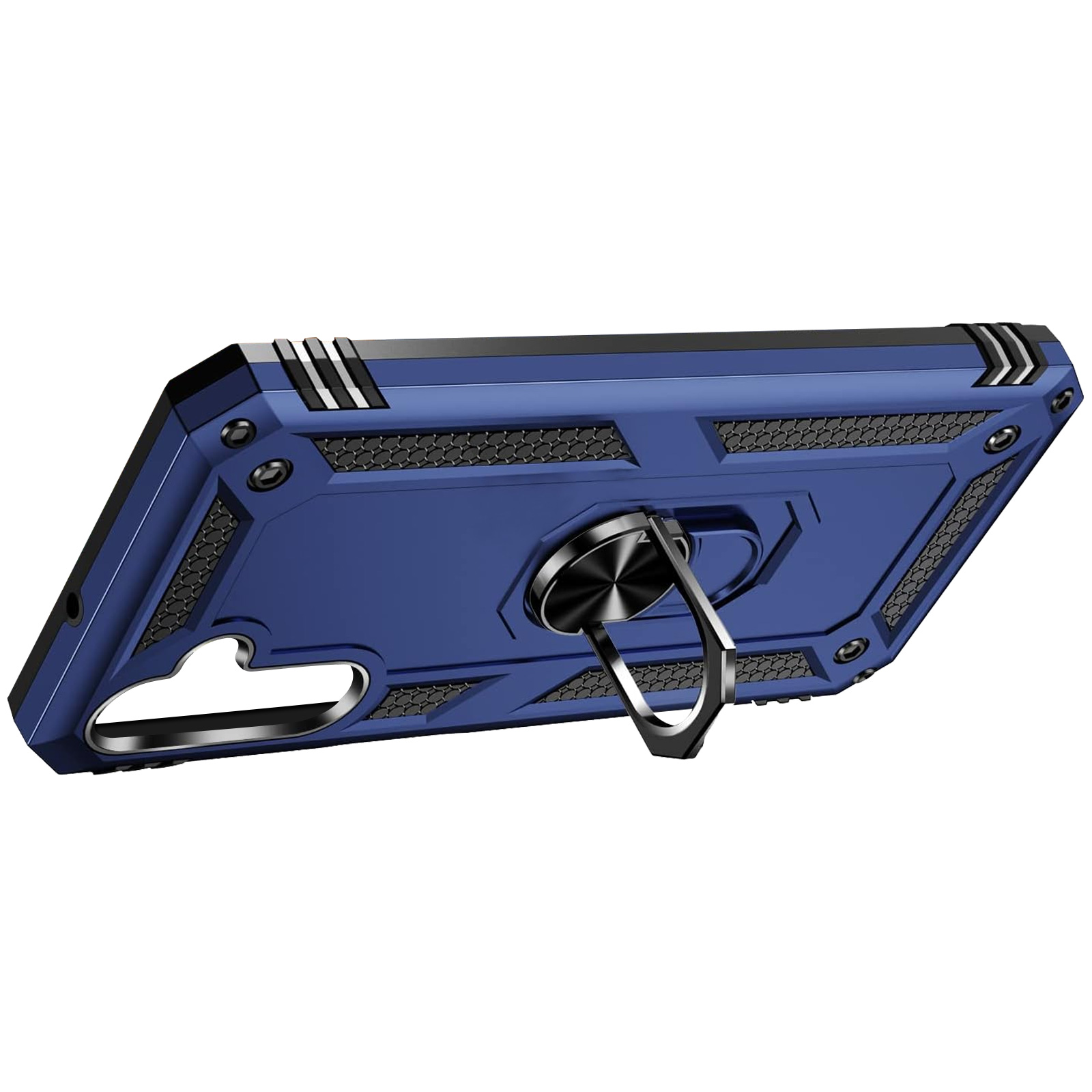 Blaue Handyhülle mit Ringhalter. Die Hülle hat ein strukturiertes Design und ist angewinkelt.
