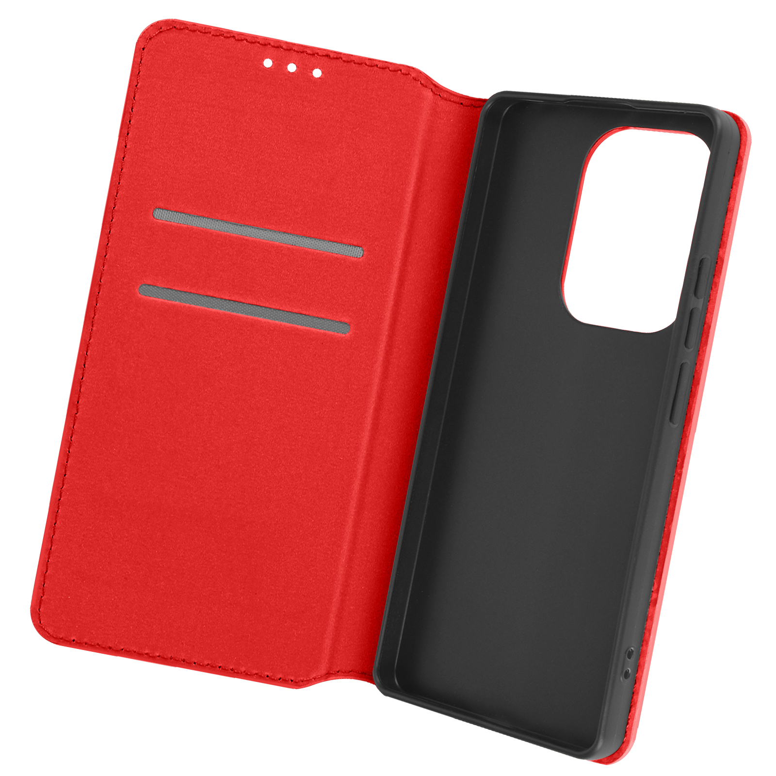 Una custodia per telefono rossa, aperta, con interno nero e fessure per carte.
