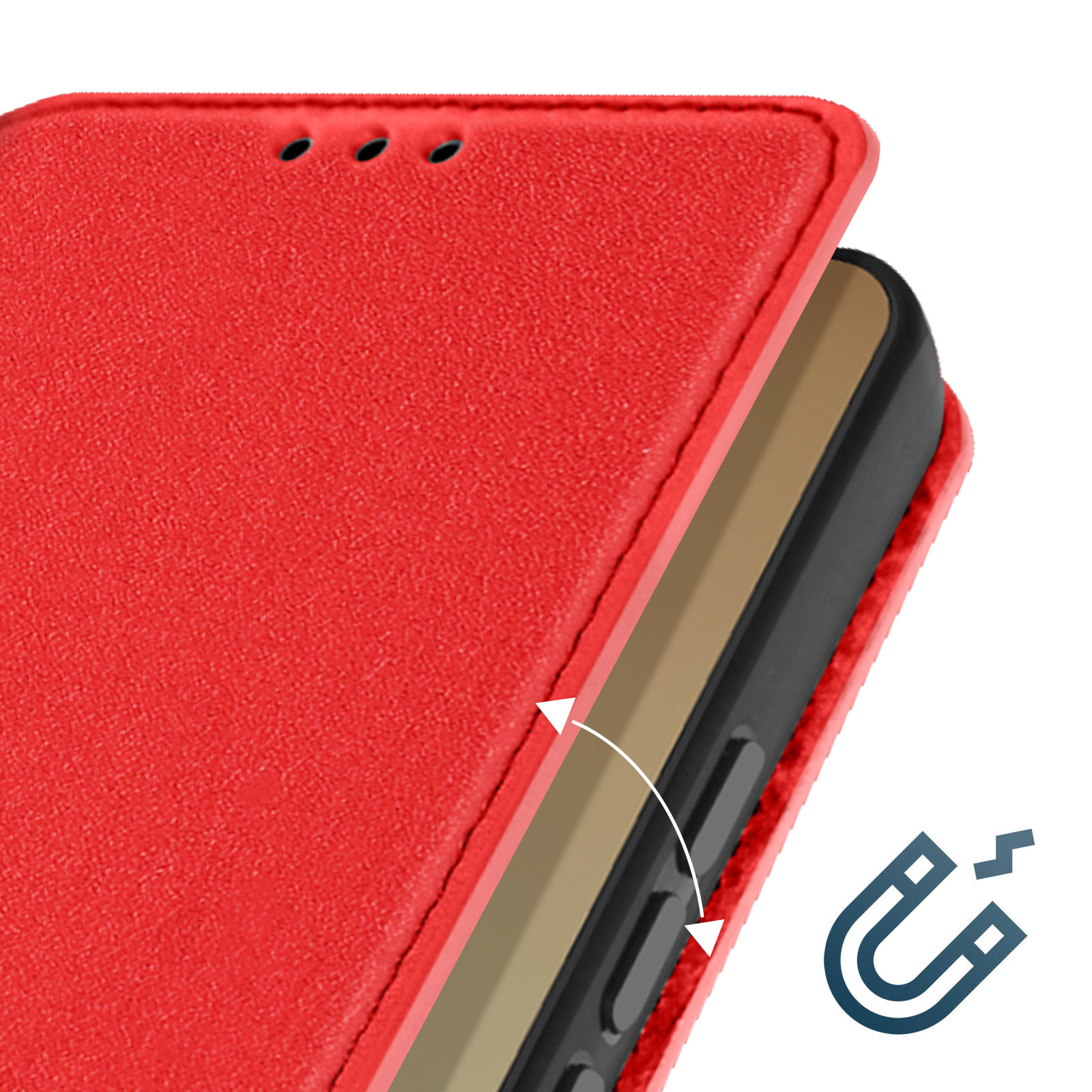 Custodia per telefono rossa con un magnete. La custodia è aperta, mostrando l'area interna nera del telefono.