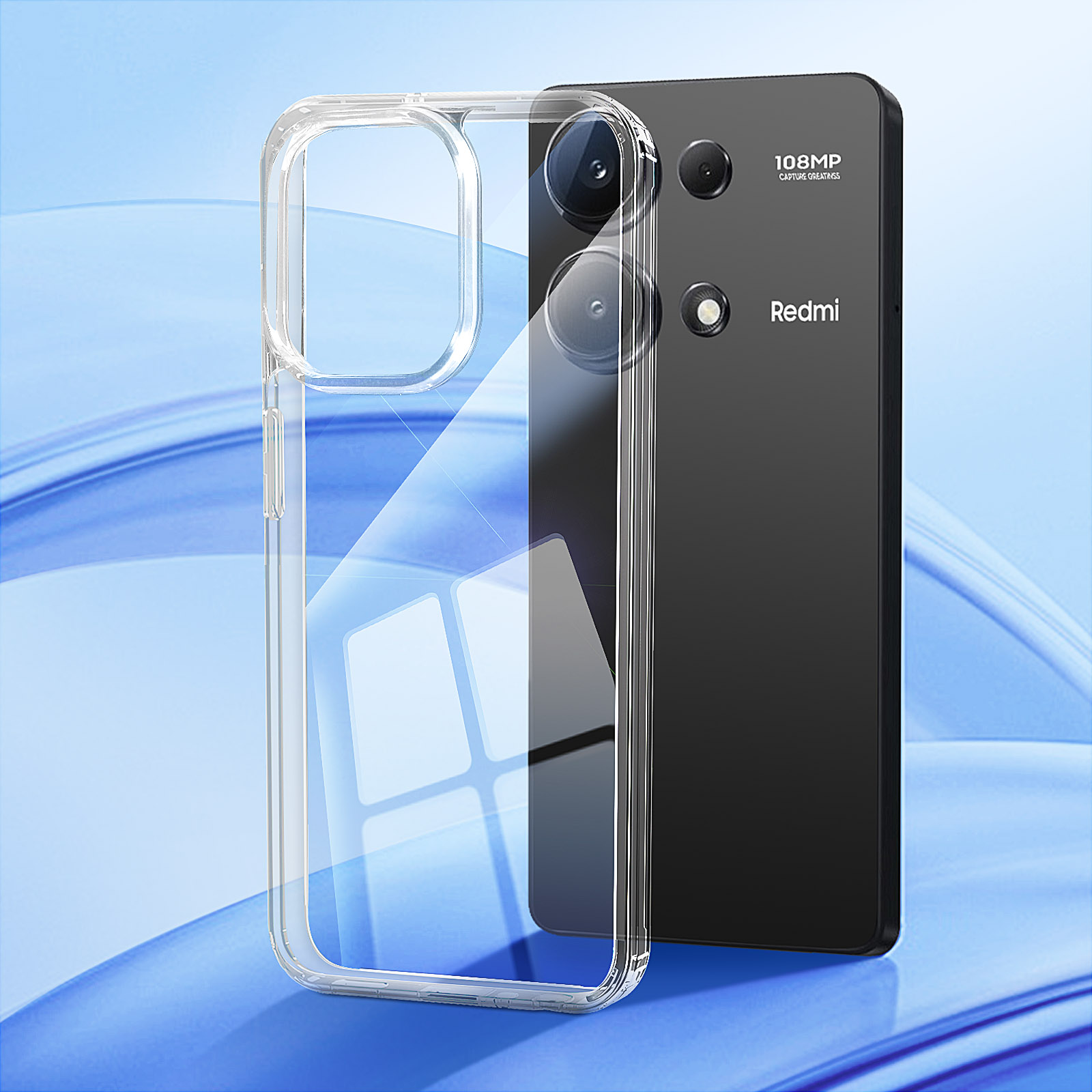 Przezroczyste etui na telefon z telefonem w środku, telefon jest czarny z dwoma aparatami.