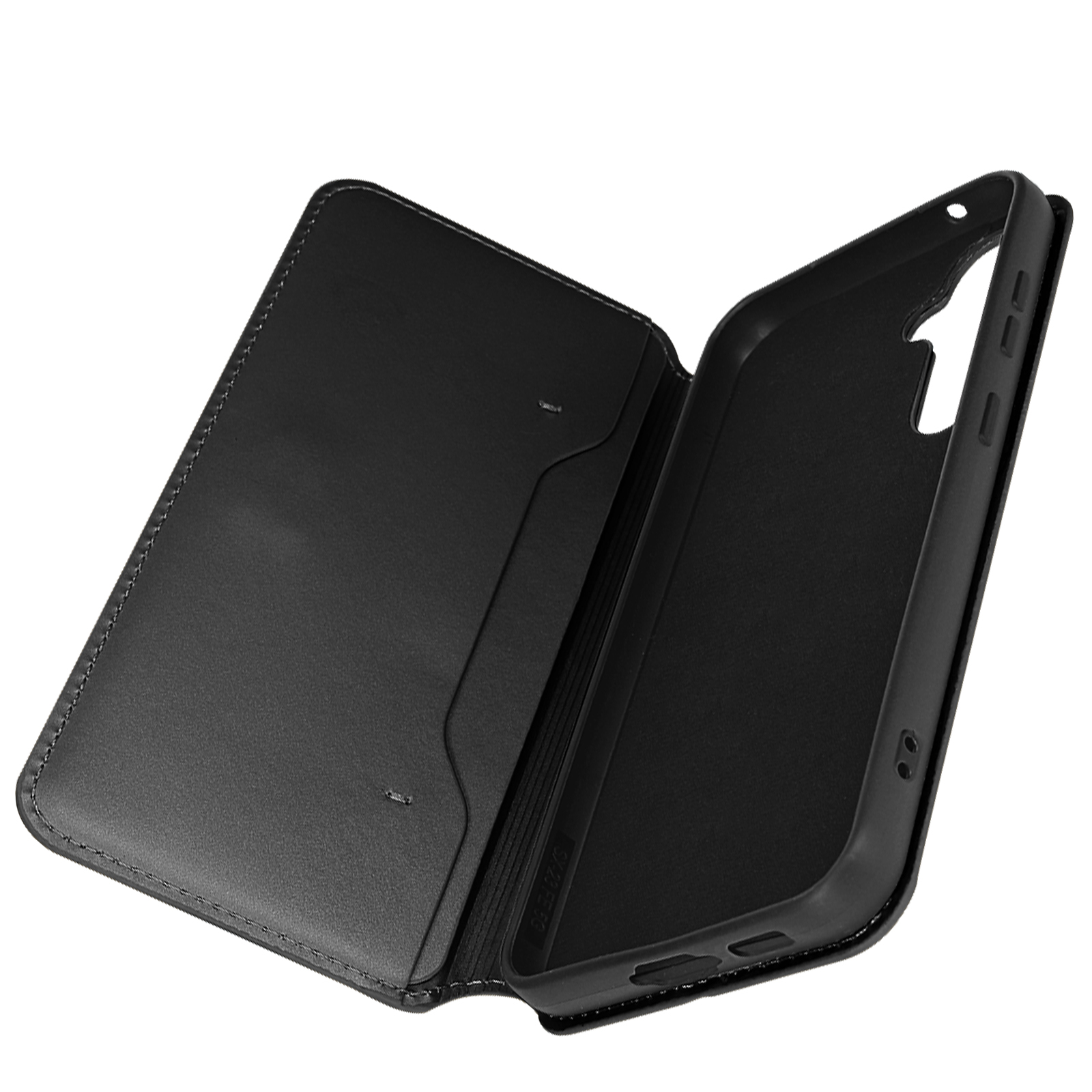 Custodia per telefono in pelle nera aperta, che mostra l'interno del telefono e gli slot per schede.