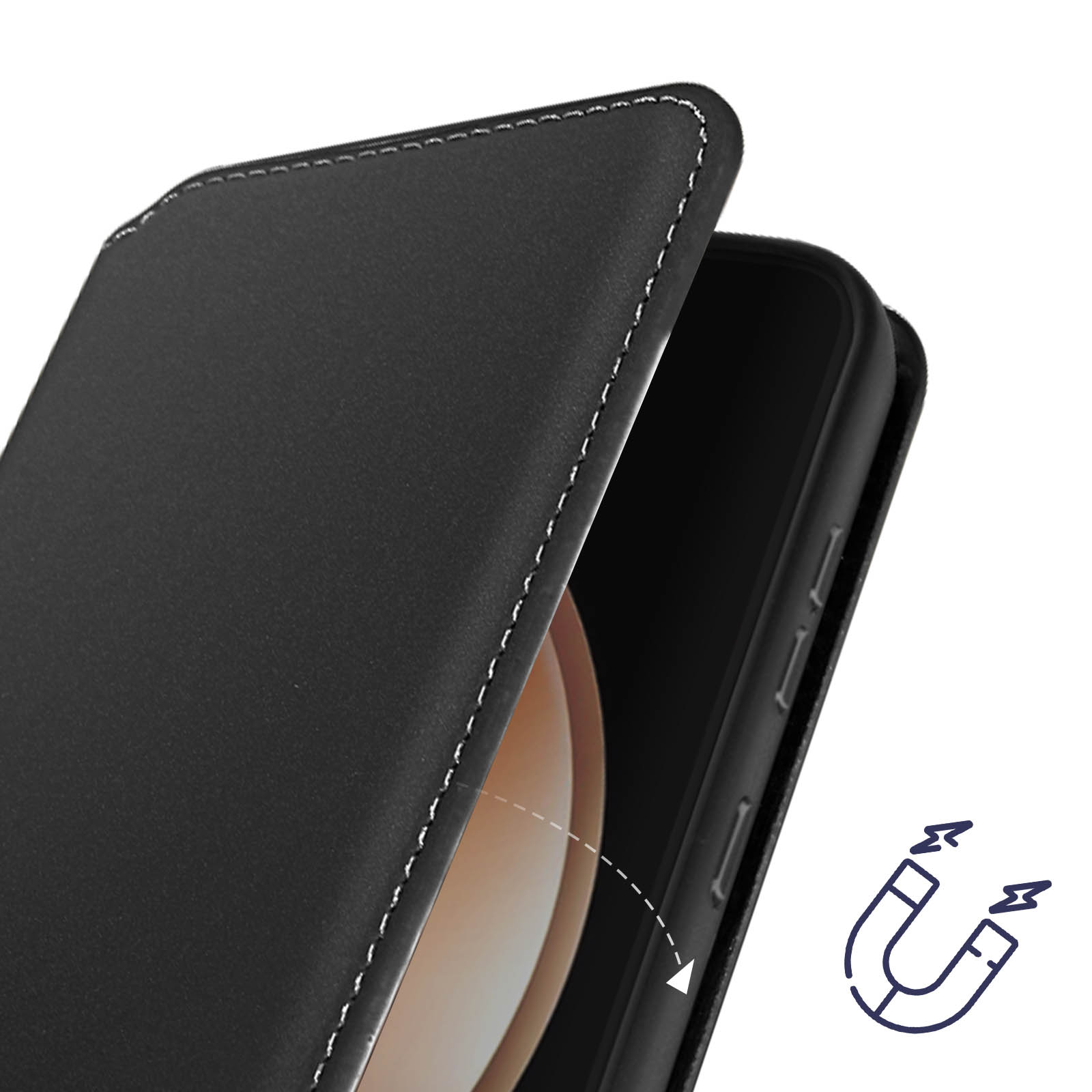Una custodia per telefono nera con una cover che si apre. La cover è cucita in bianco. Viene mostrato un simbolo magnete.