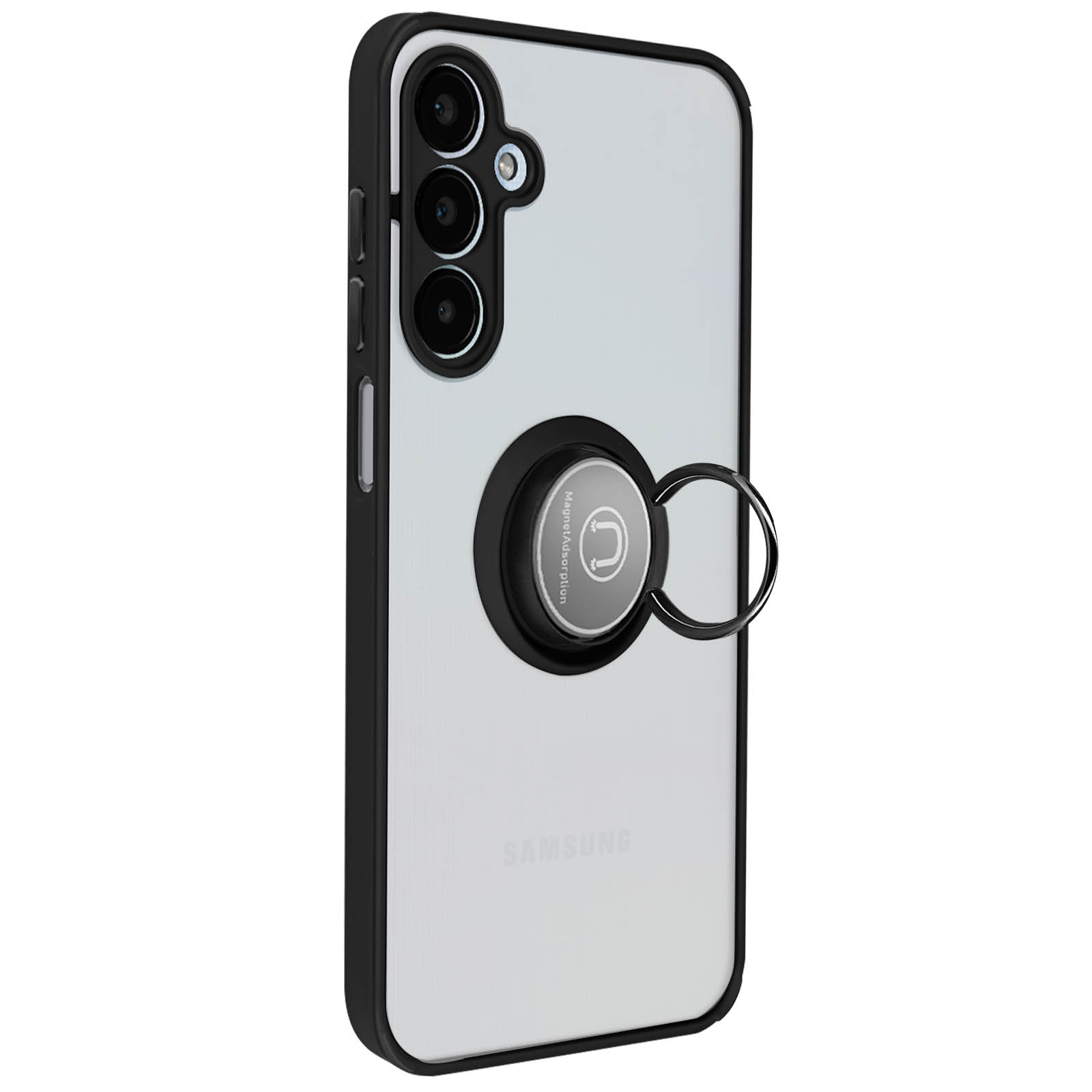 Una custodia trasparente per telefono con un supporto ad anello magnetico, su un telefono bianco e nero.
