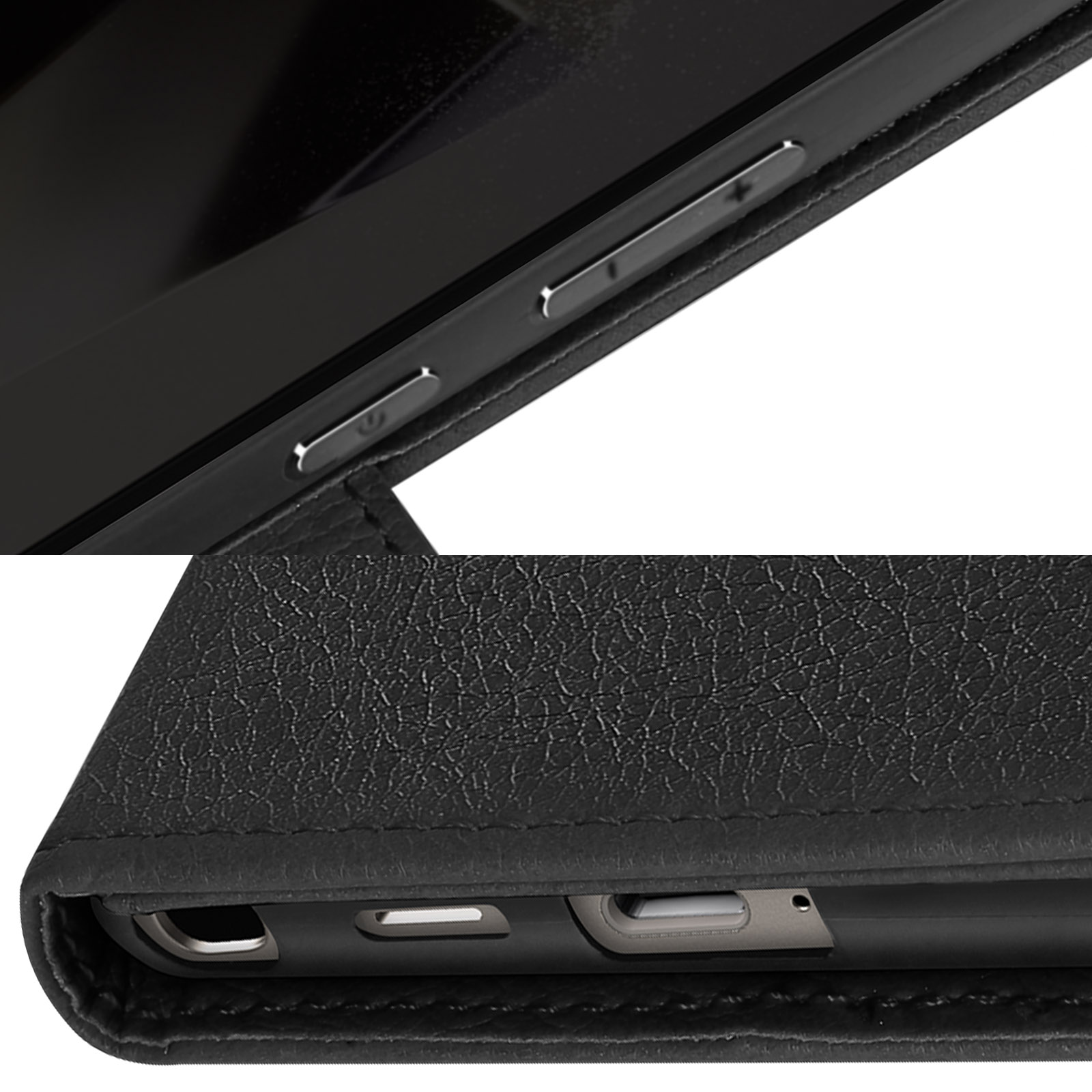 Primo piano di una custodia nera per telefono. Mostra i pulsanti del volume e di accensione e le porte.