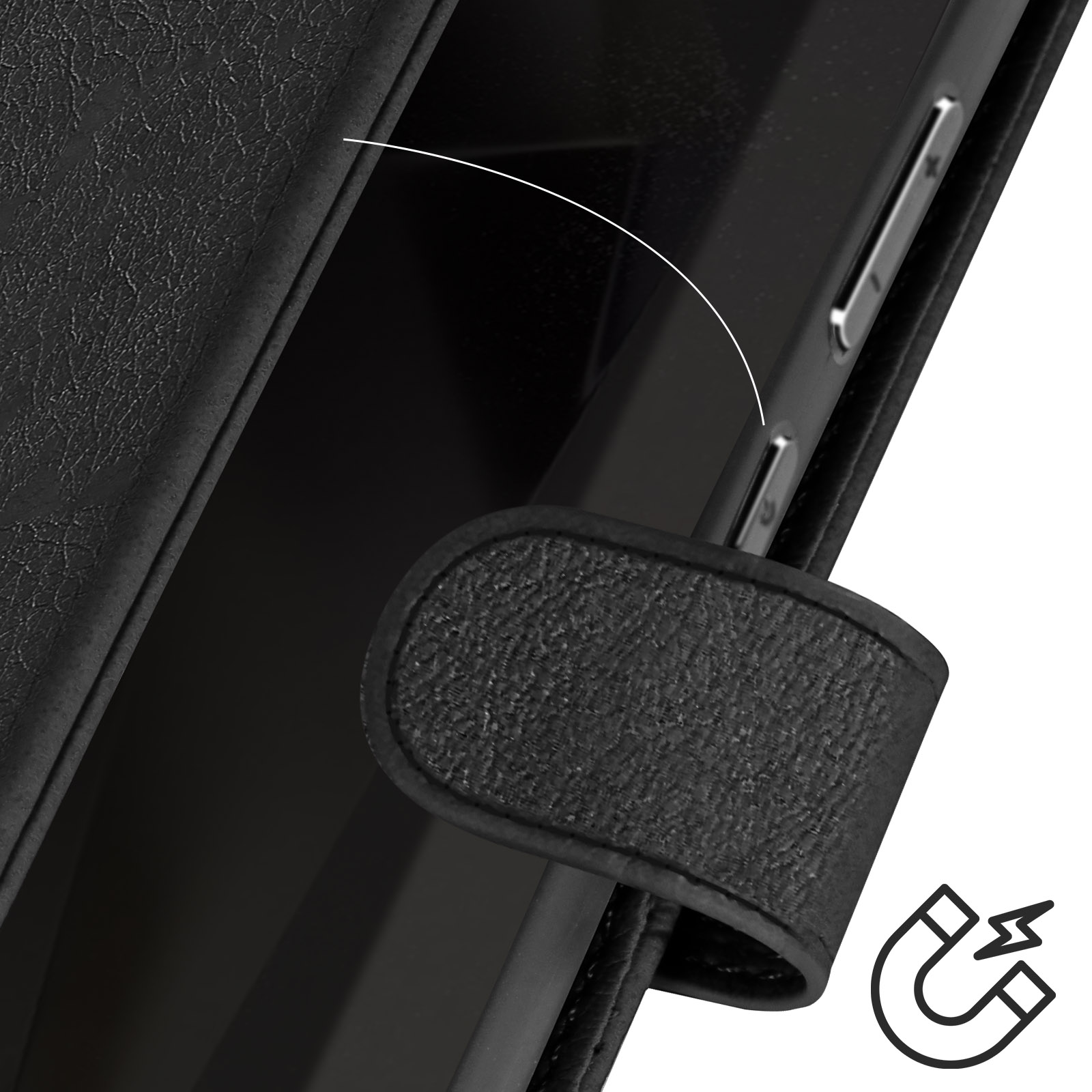 Primo piano di una custodia per telefono nera con chiusura magnetica. Sfondo bianco.