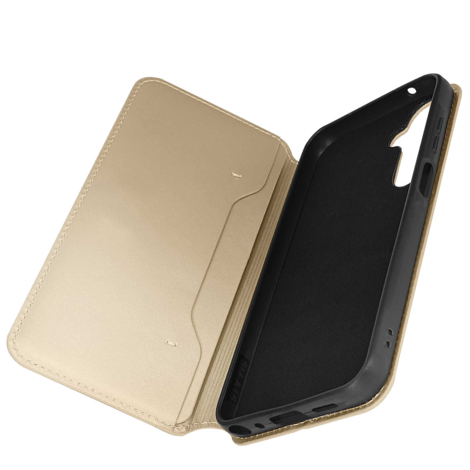 Eine goldene Handyhülle offen. Die Innenseite ist schwarz und das Handy ist nicht drin.