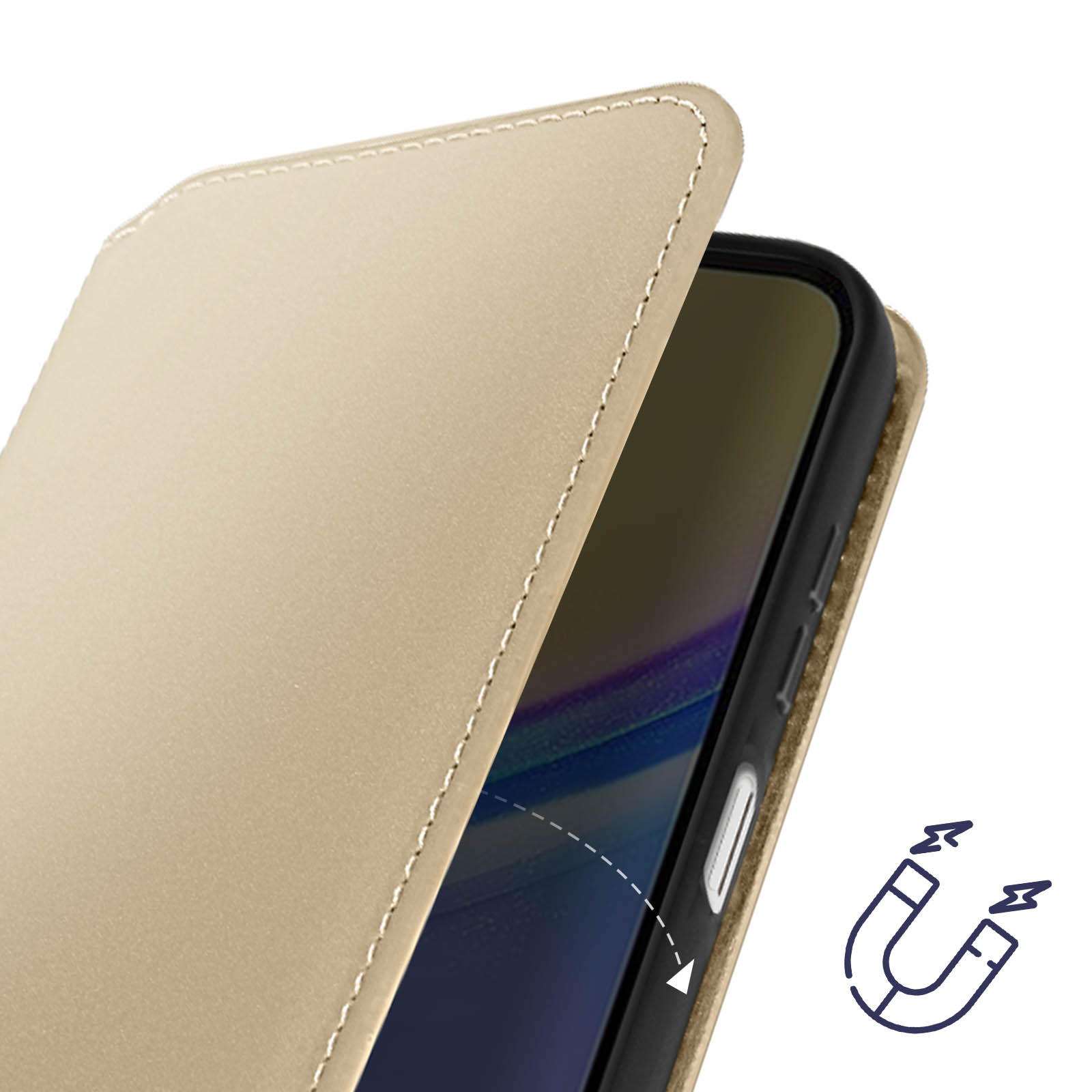 Eine goldene Handyhülle ist geöffnet und zeigt das Telefon. Es gibt ein Magnetsymbol.