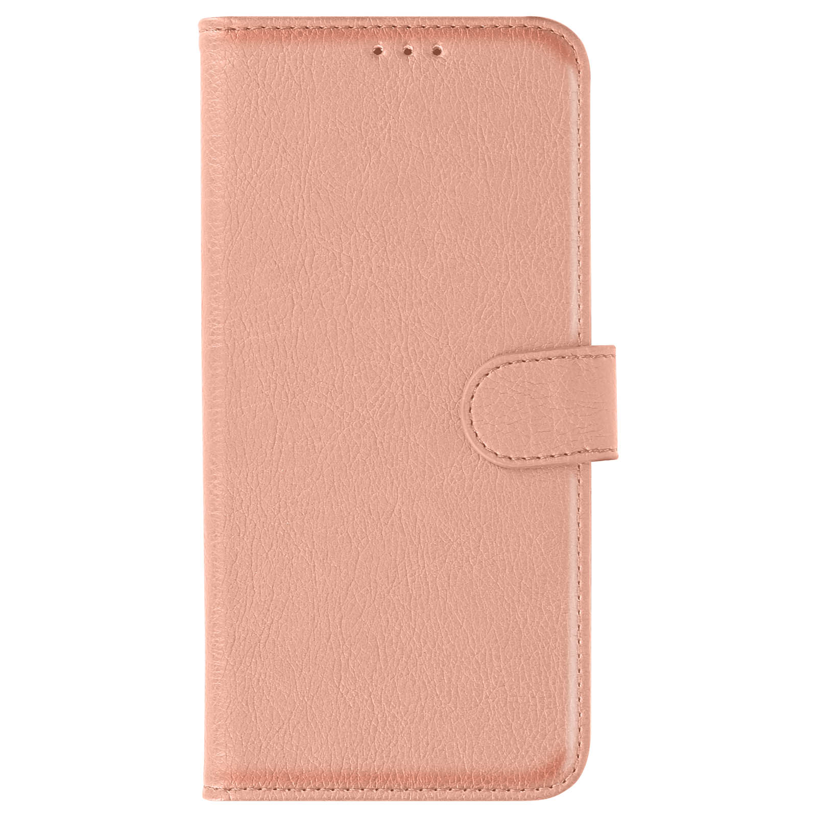 Funda rosa para teléfono, cerrada, vista frontal, un botón, sobre fondo blanco.