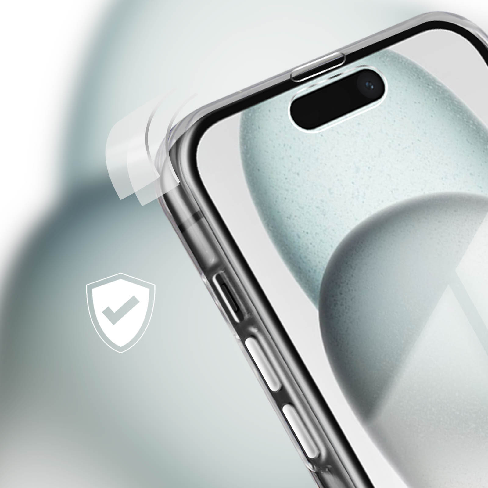 Smartphone con custodia protettiva trasparente. La custodia è parzialmente visibile su sfondo sfocato.