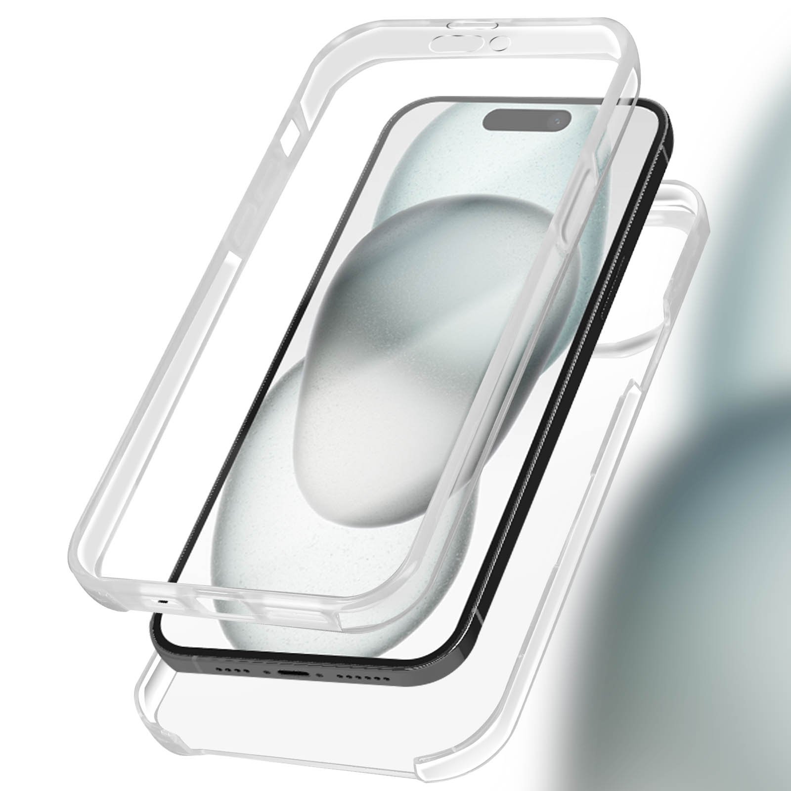 Strati della custodia del telefono separati, che mostrano un telefono. Custodia trasparente.