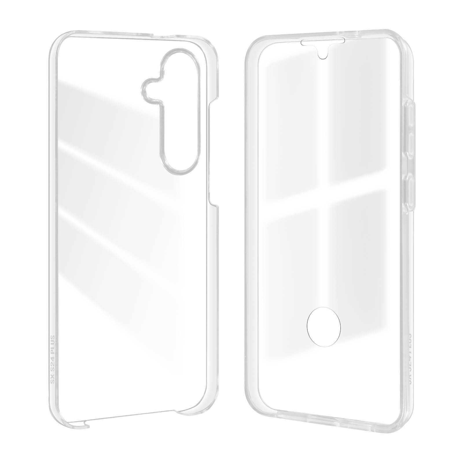 Due custodie trasparenti per telefono, una dietro l'altra. Entrambe hanno ritagli per la fotocamera e lo schermo.