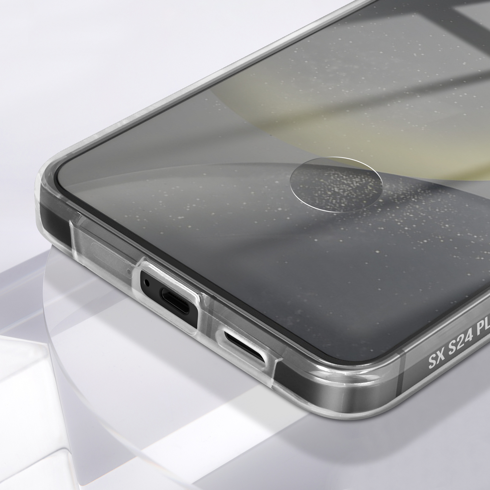Smartphone con custodia trasparente. Mostra la porta di ricarica. Il testo laterale dice "SX S24 PLUS".