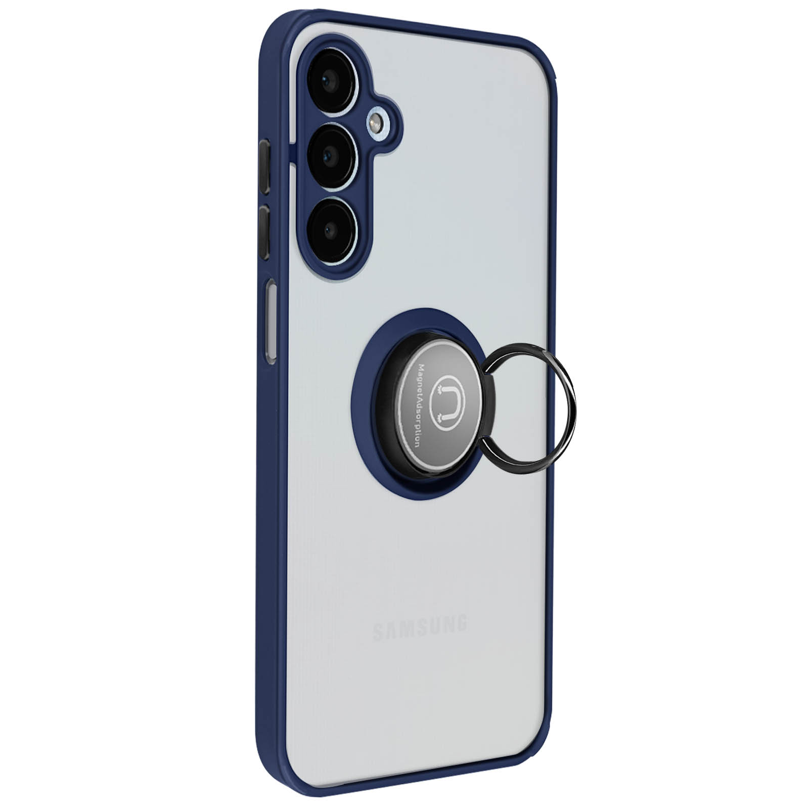 Smartphone mit klarer Hülle, blauem Rahmen, Ringhalter und Samsung-Logo.