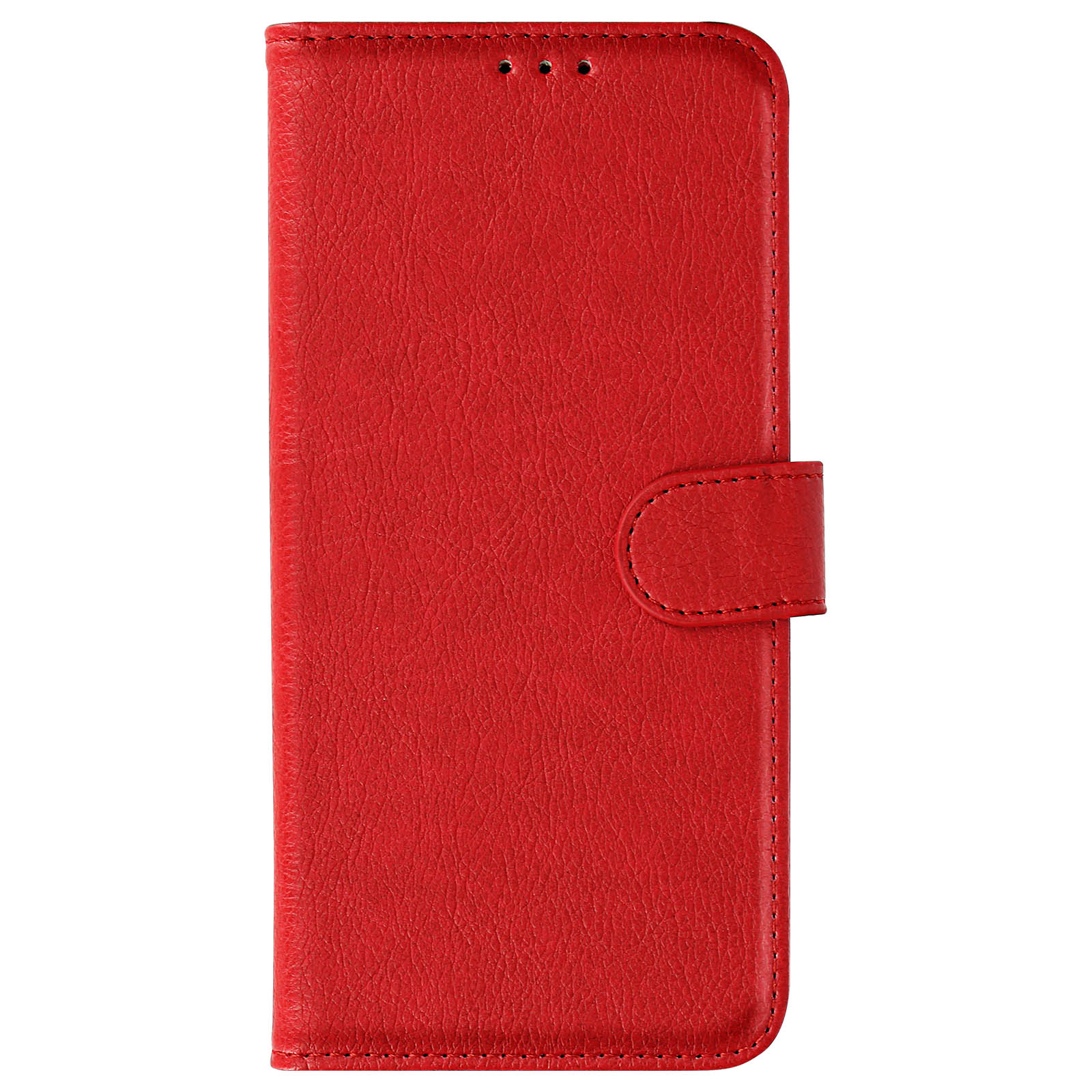 Funda de teléfono de cuero roja, cerrada, con cierre de botón. Tres agujeros arriba.