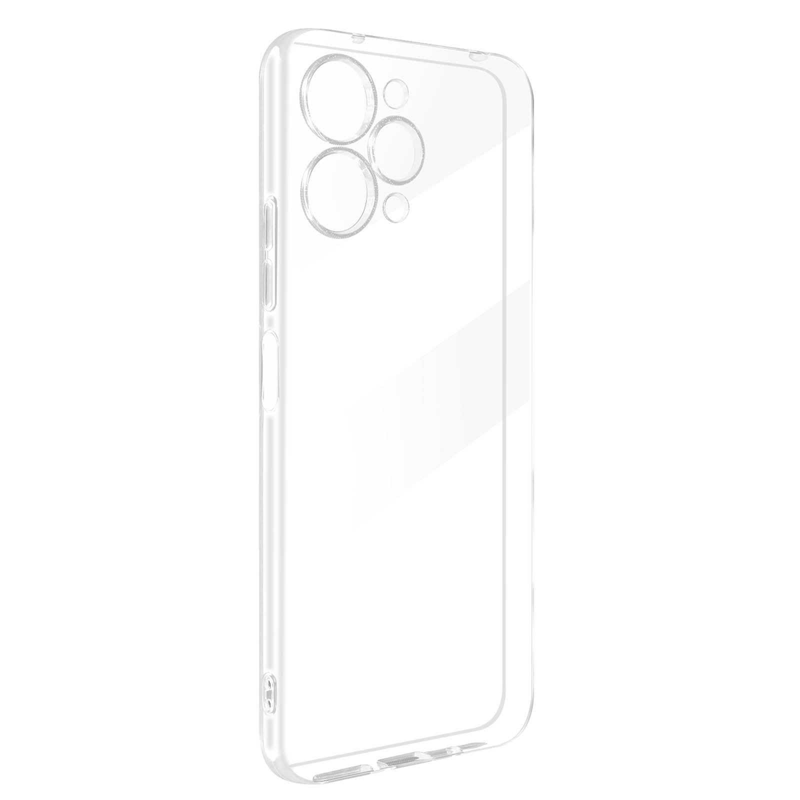 Una custodia trasparente per telefono, che mostra le aperture della fotocamera e i pulsanti laterali. È una custodia trasparente.