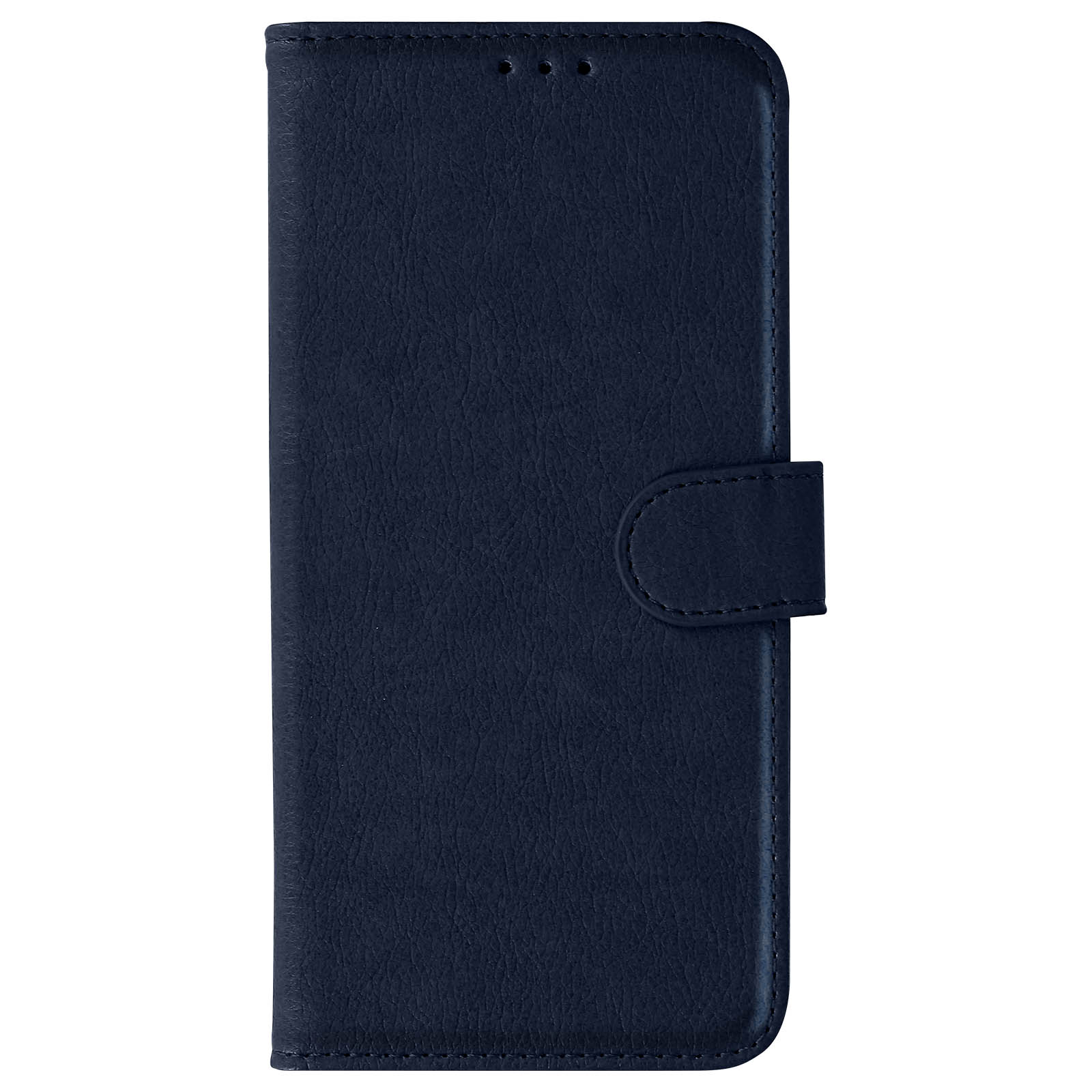 Funda azul oscuro para teléfono, cerrada, vista frontal, con botón, sobre fondo blanco.