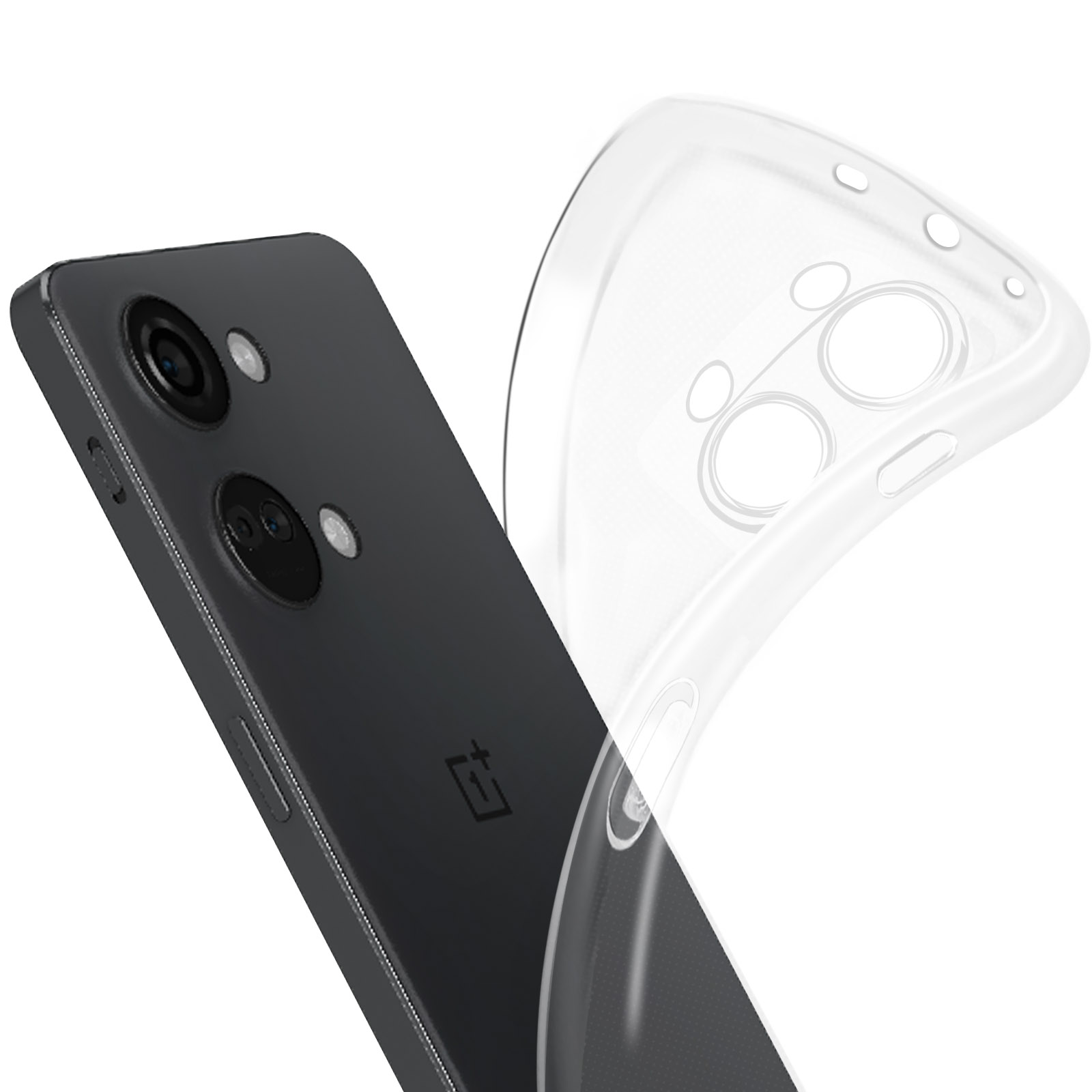 Telefono nero con custodia trasparente. Il telefono ha due fotocamere. Sfondo bianco.