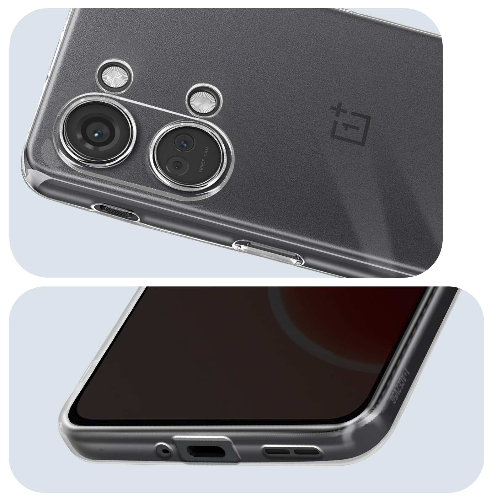 Primo piano di una custodia trasparente con fotocamera e porte del telefono.