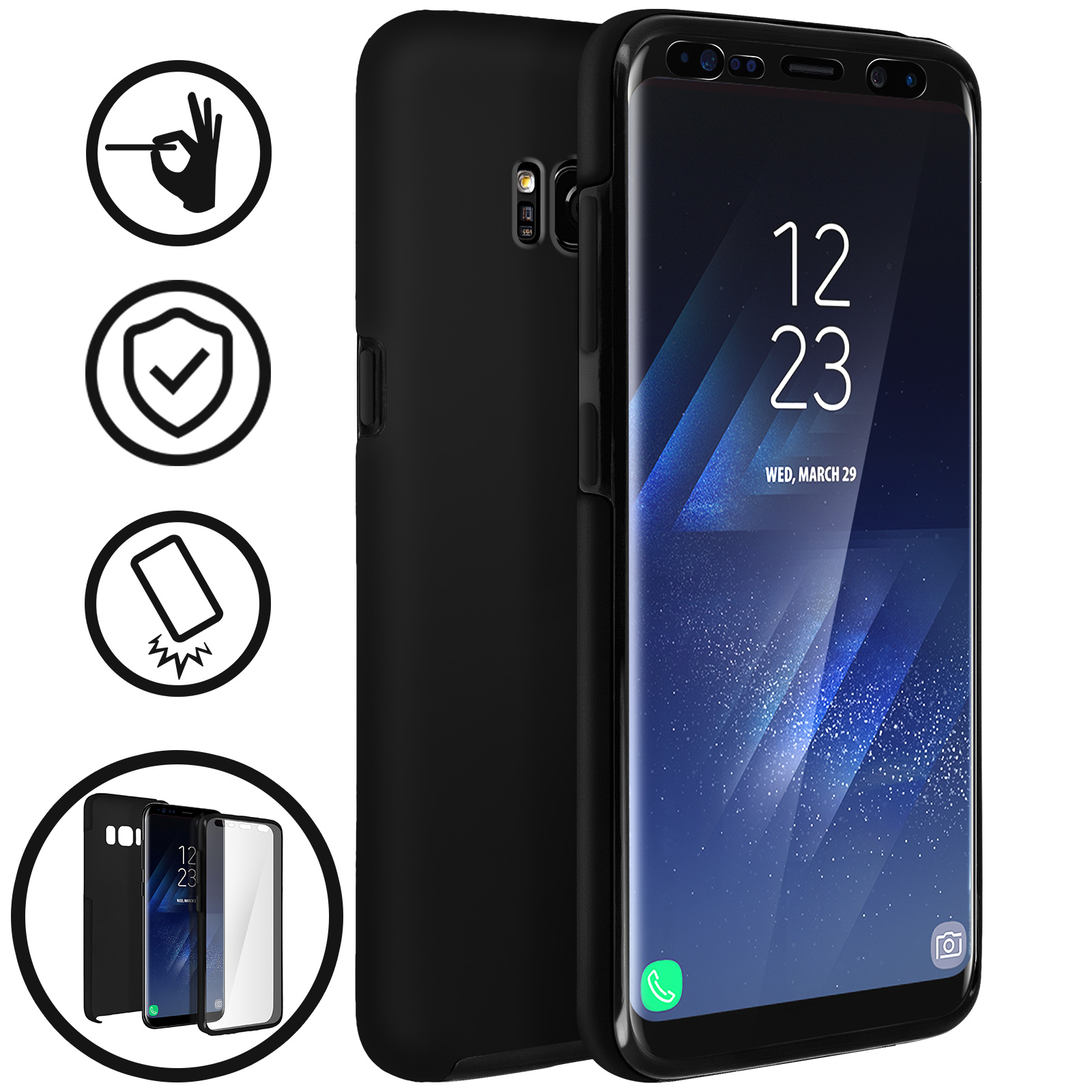Teléfono negro con una funda negra. Iconos en la pantalla, con otros elementos en la escena.