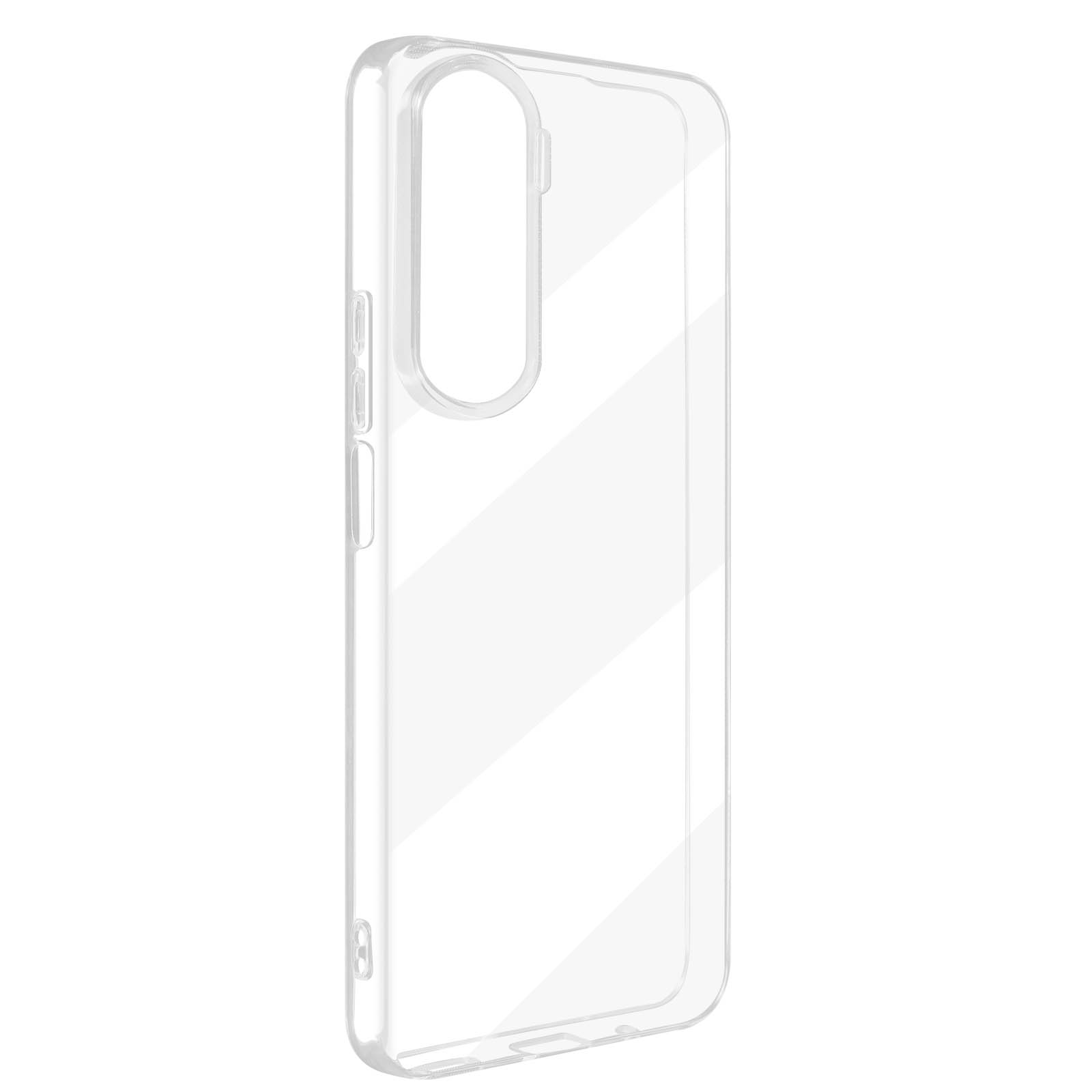 Custodia trasparente per telefono, vista laterale. Sfondo bianco.
