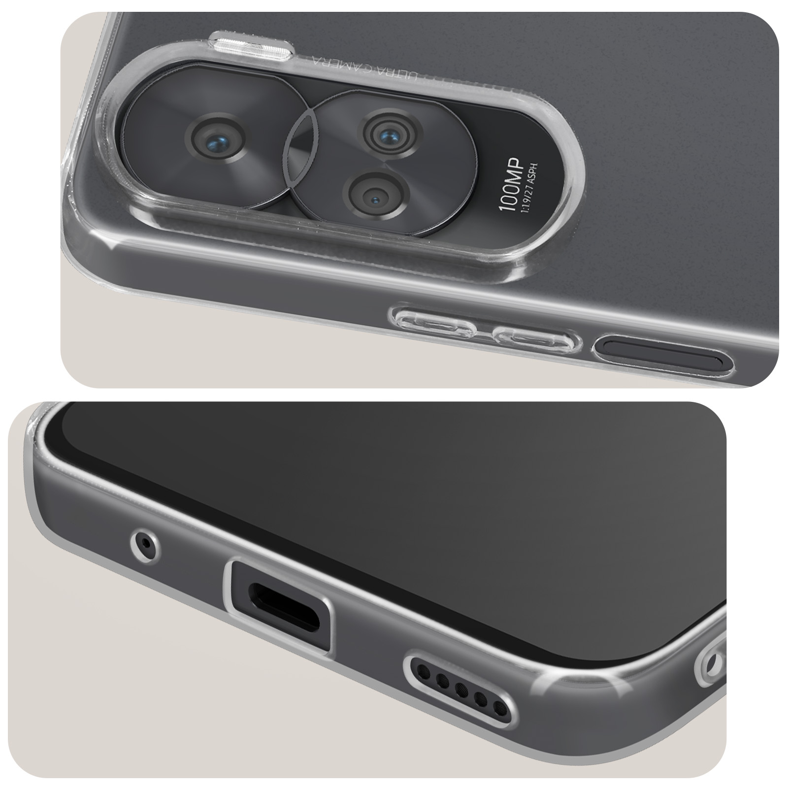 Custodia trasparente per telefono con protuberanza della fotocamera e pulsanti visibili.