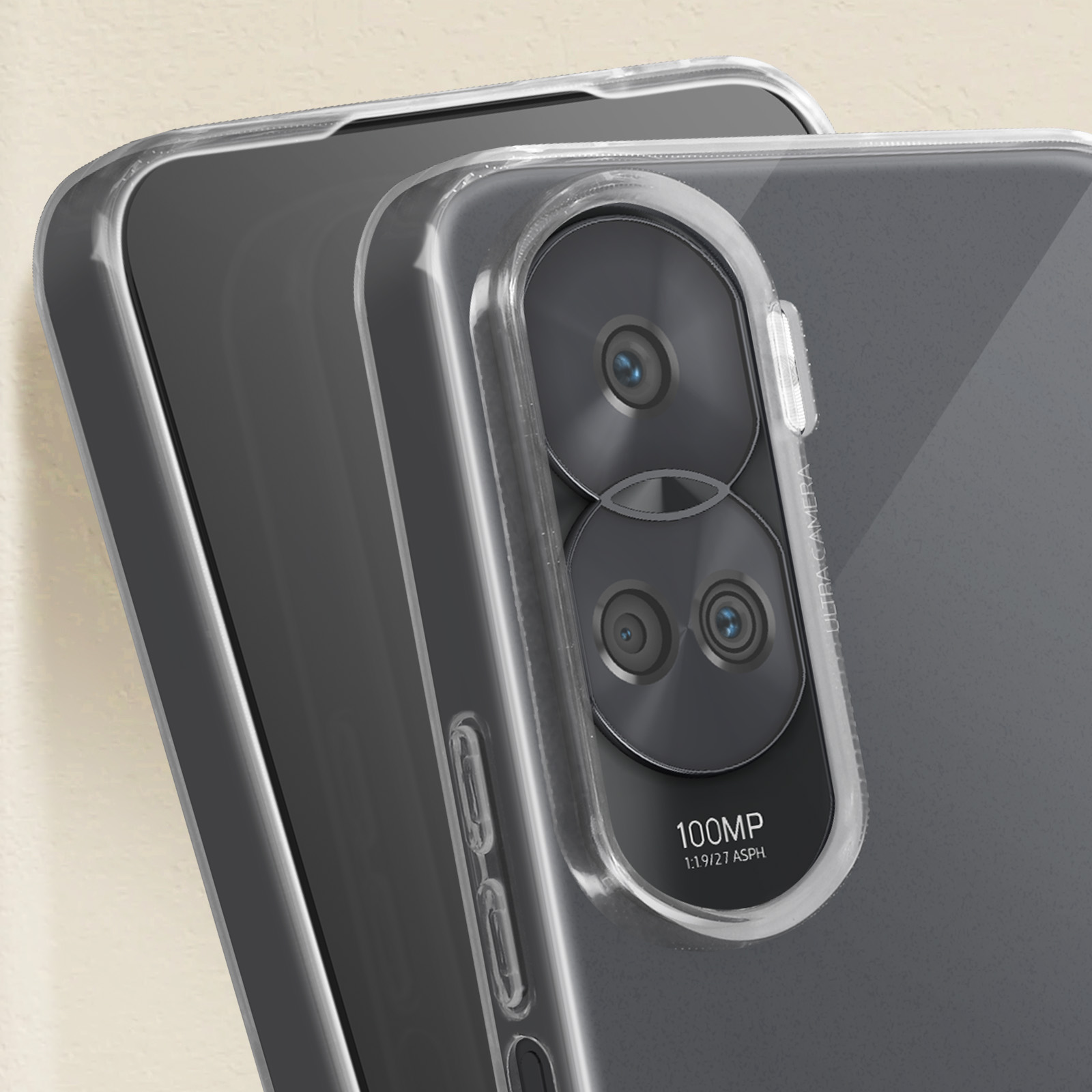 Una custodia trasparente per telefono, con i dettagli della fotocamera visibili.