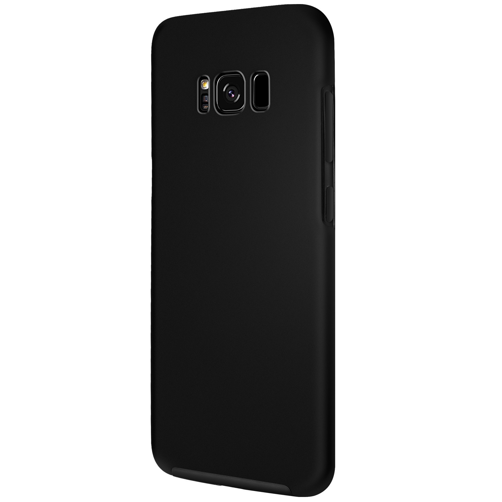 Funda de teléfono negra sobre fondo blanco. La funda tiene una cámara y botones.