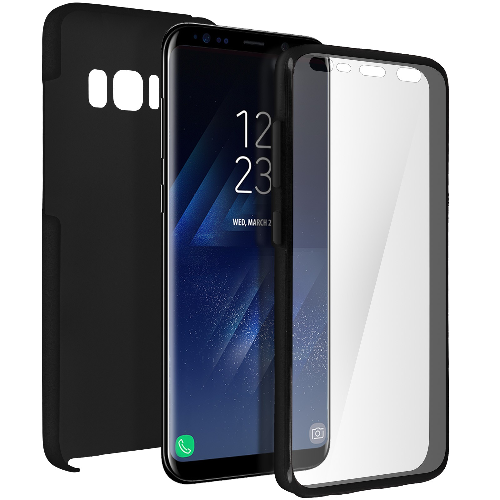 Un teléfono inteligente negro con protector de pantalla y una funda negra. El teléfono muestra la fecha y la hora.