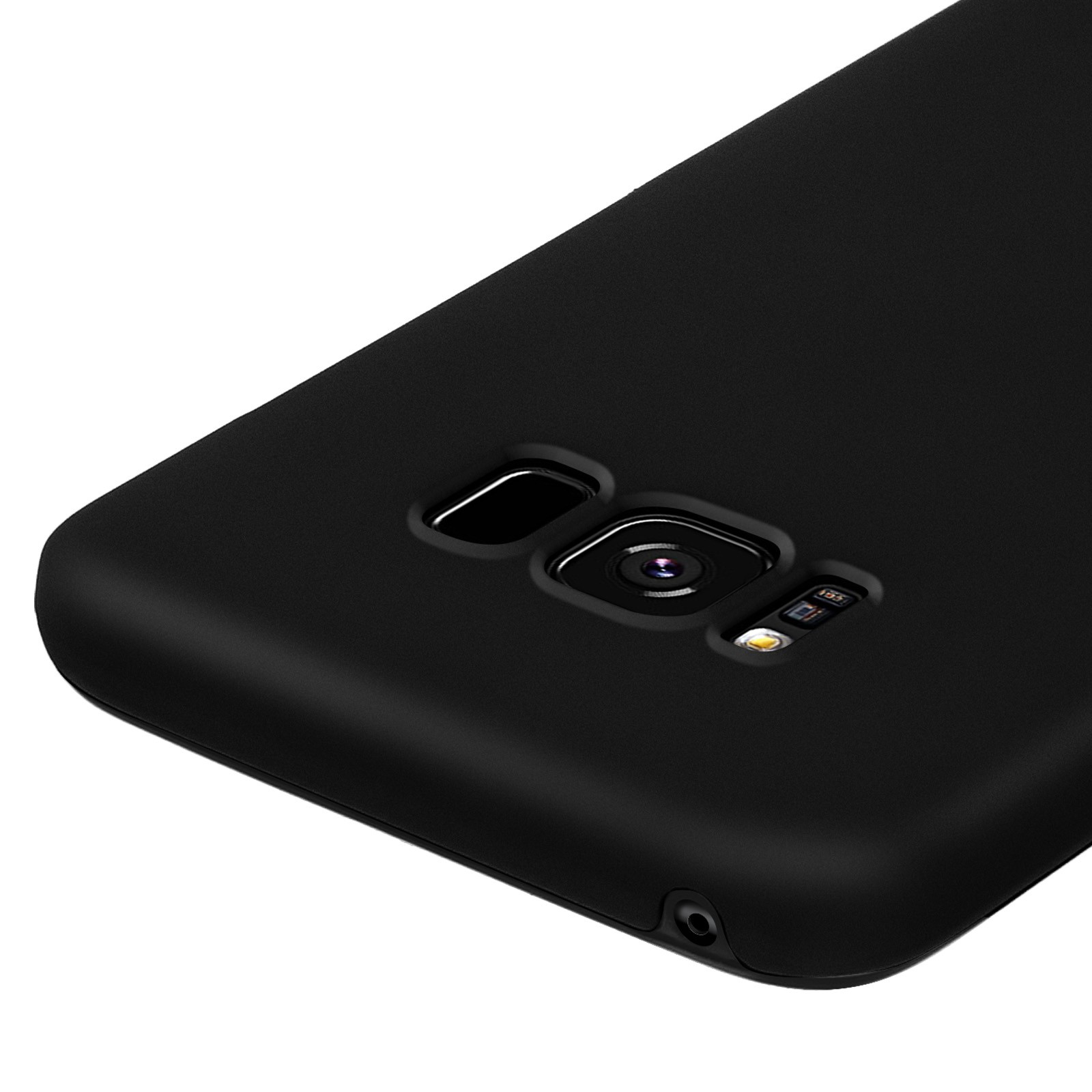 Funda de teléfono negra que muestra detalles de la cámara y el flash. La funda está sobre fondo negro.