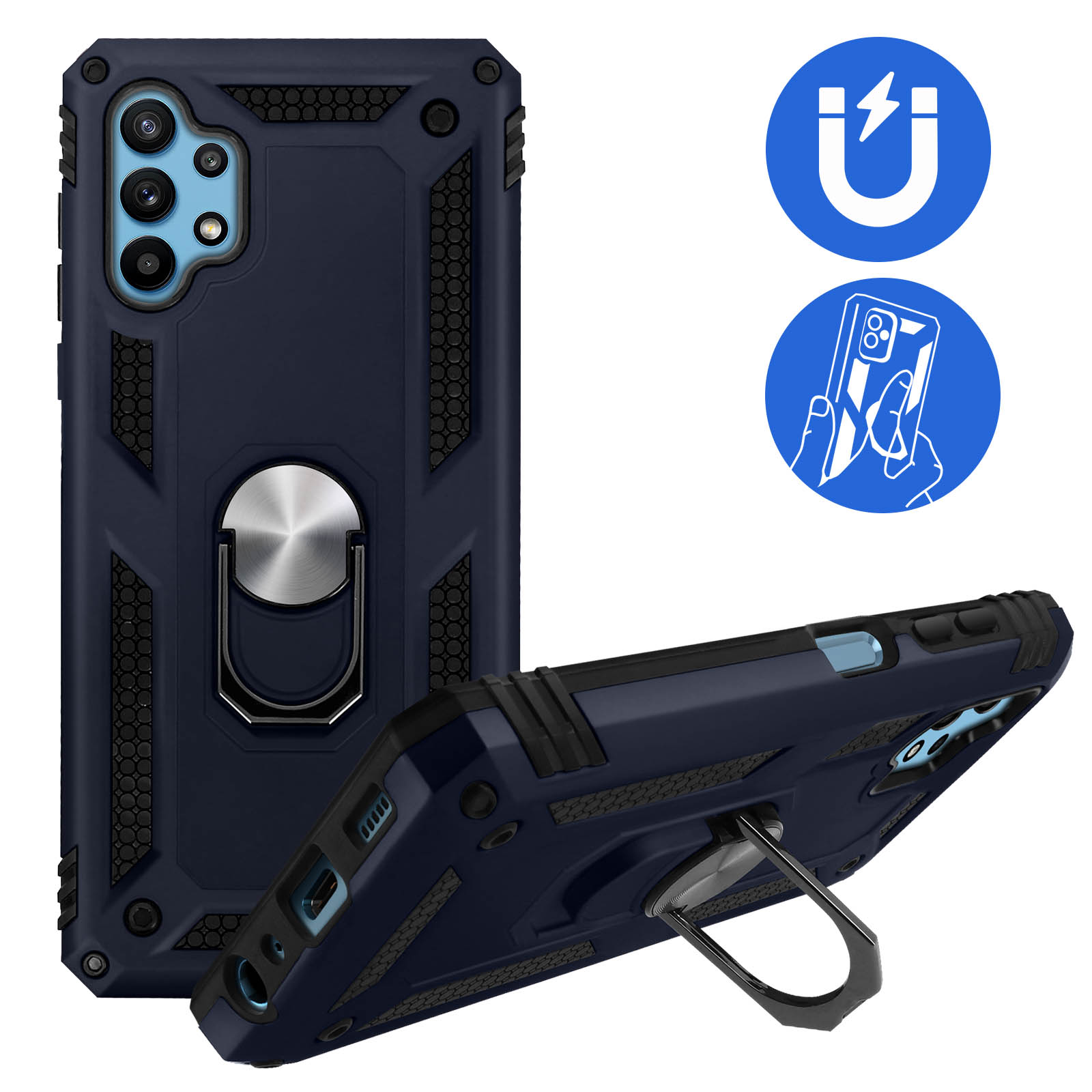 Coque de téléphone bleu foncé avec anneau. Deux icônes montrent l'utilisation.