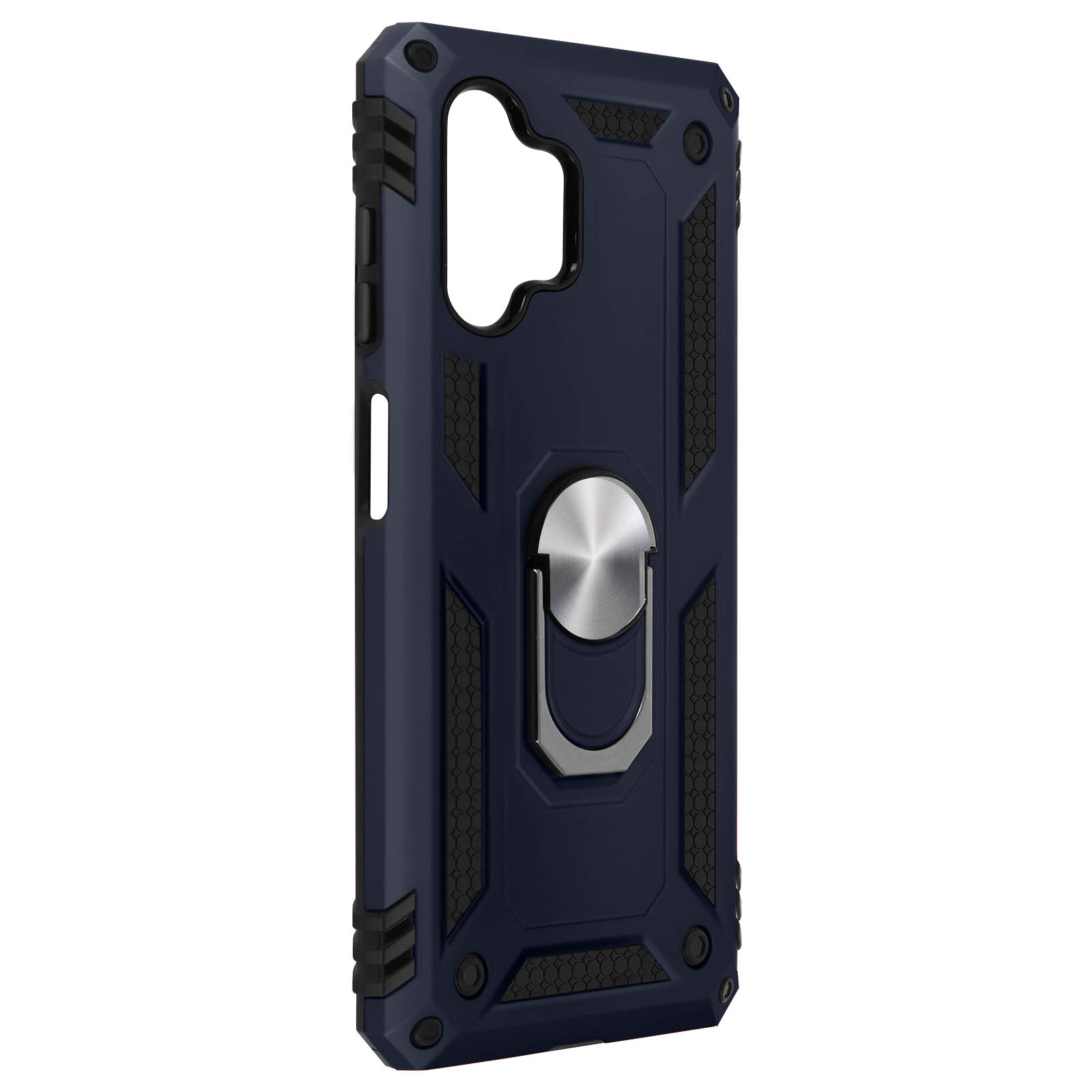 Coque de téléphone bleue avec support d'anneau. Détails noirs et design robuste.