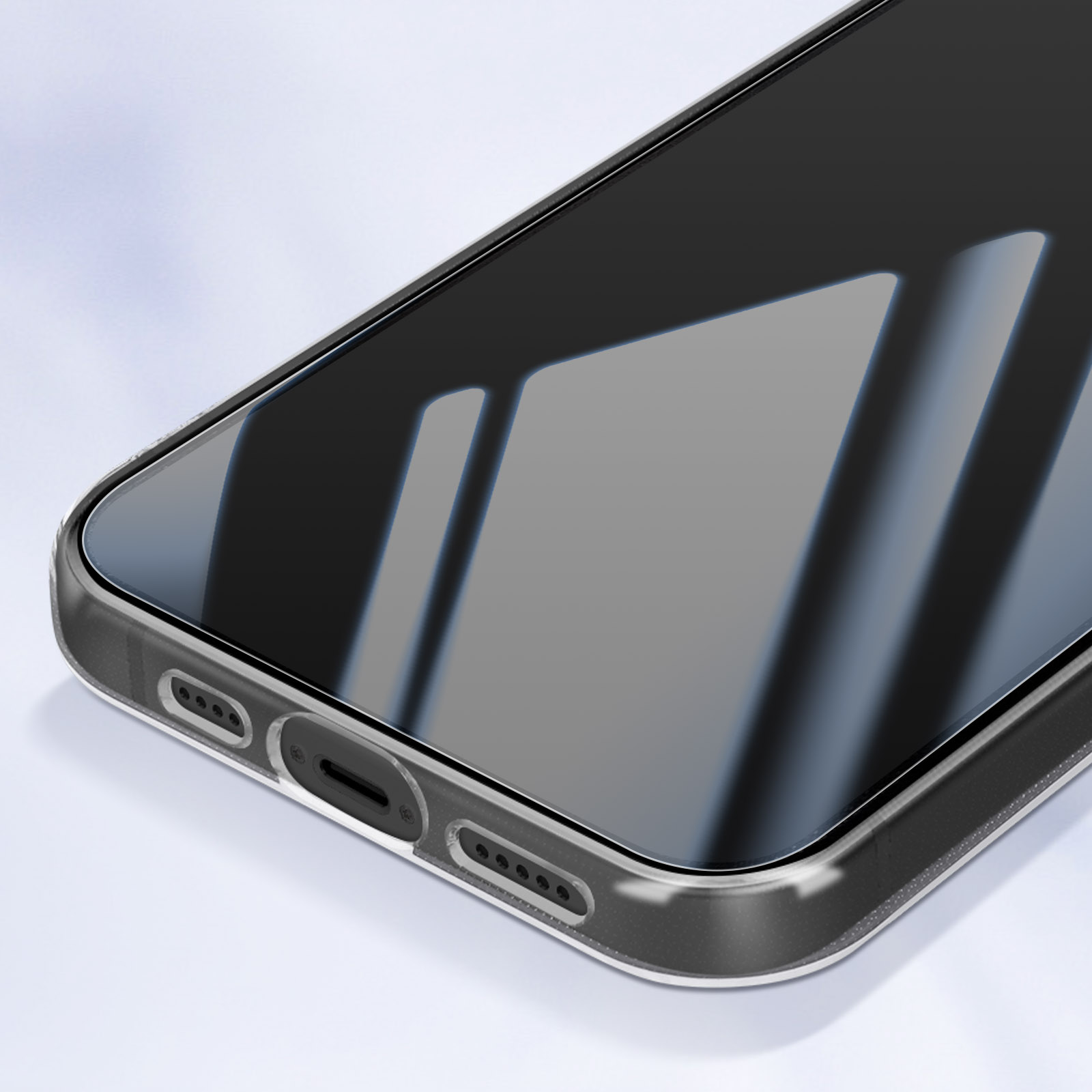 Primo piano dello schermo di un telefono con una custodia protettiva trasparente.