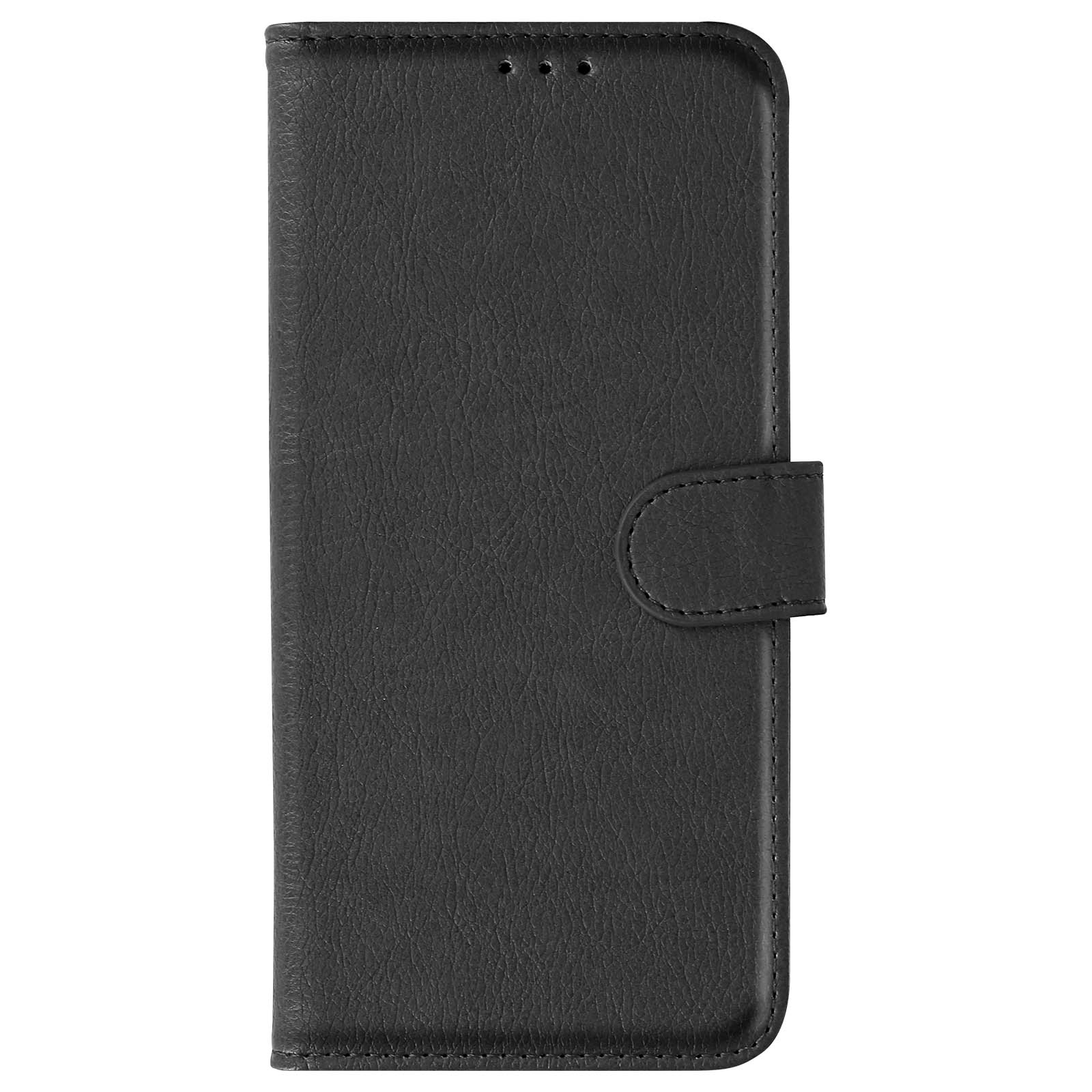 Funda de teléfono de cuero negro. Tiene un cierre magnético.