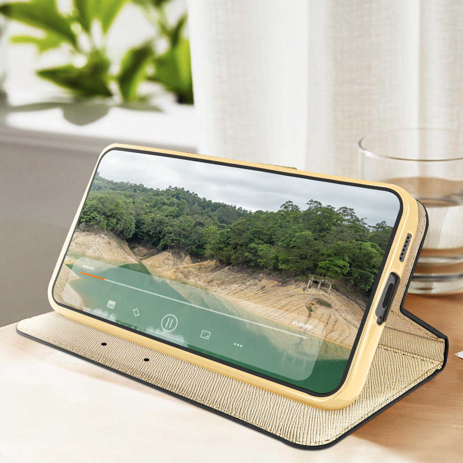 Un telefono che mostra un video di un paesaggio. Il telefono è in una custodia appoggiata su una superficie.