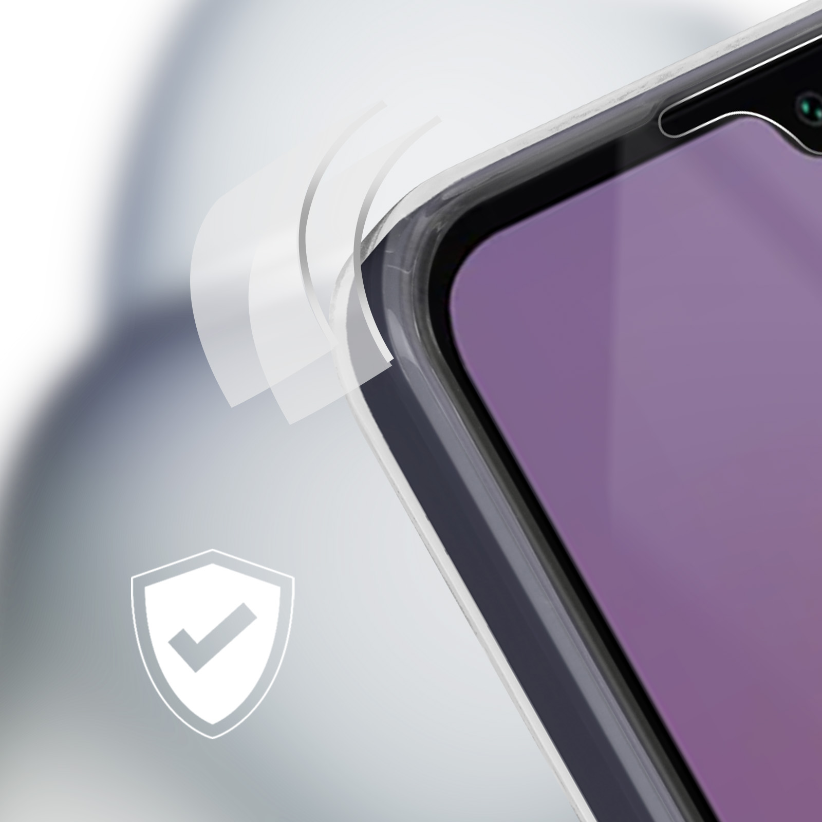 Schermo del telefono con display viola. Custodia protettiva con icona scudo.