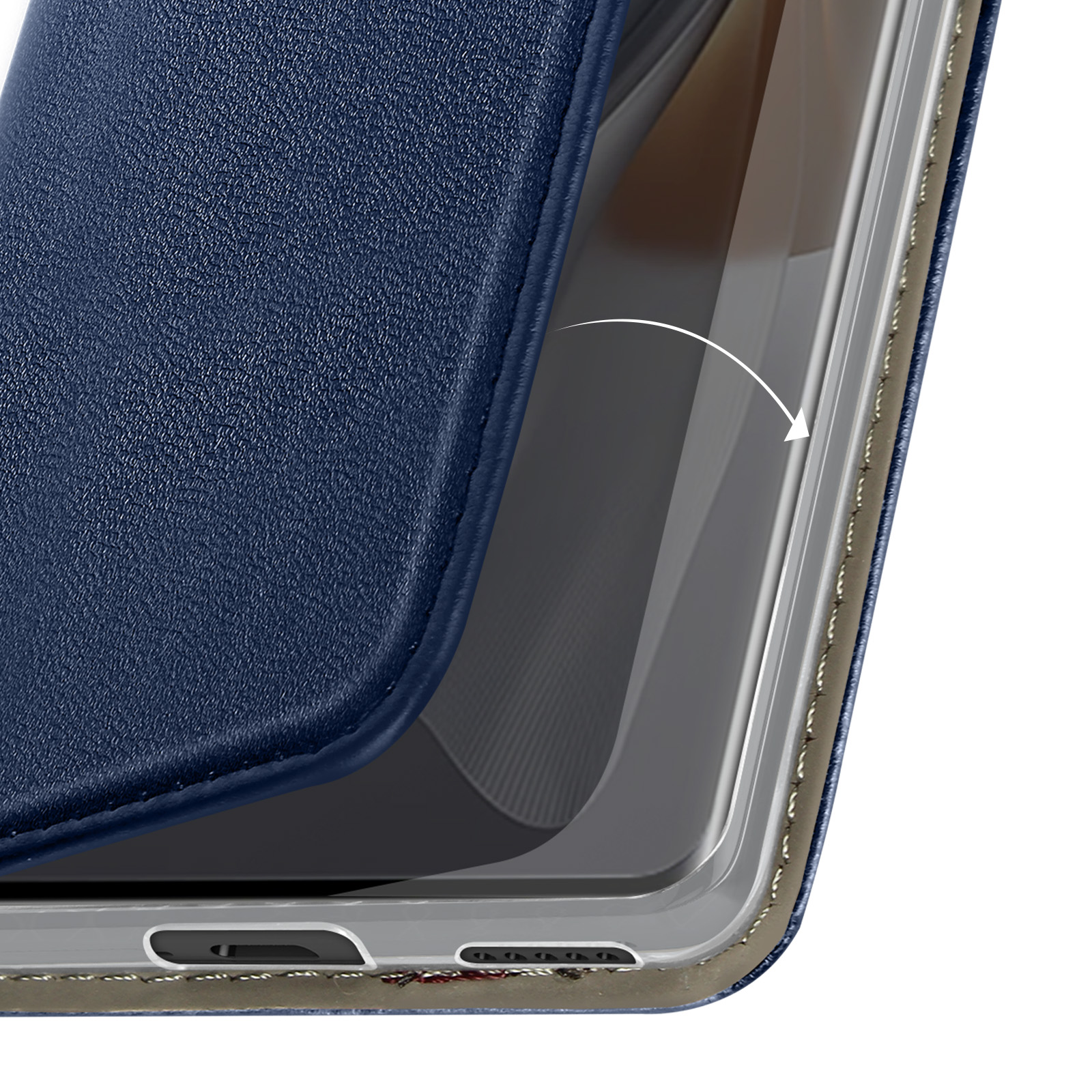 La custodia del telefono è aperta, mostrando un telefono all'interno, con colore blu, nella parte anteriore.