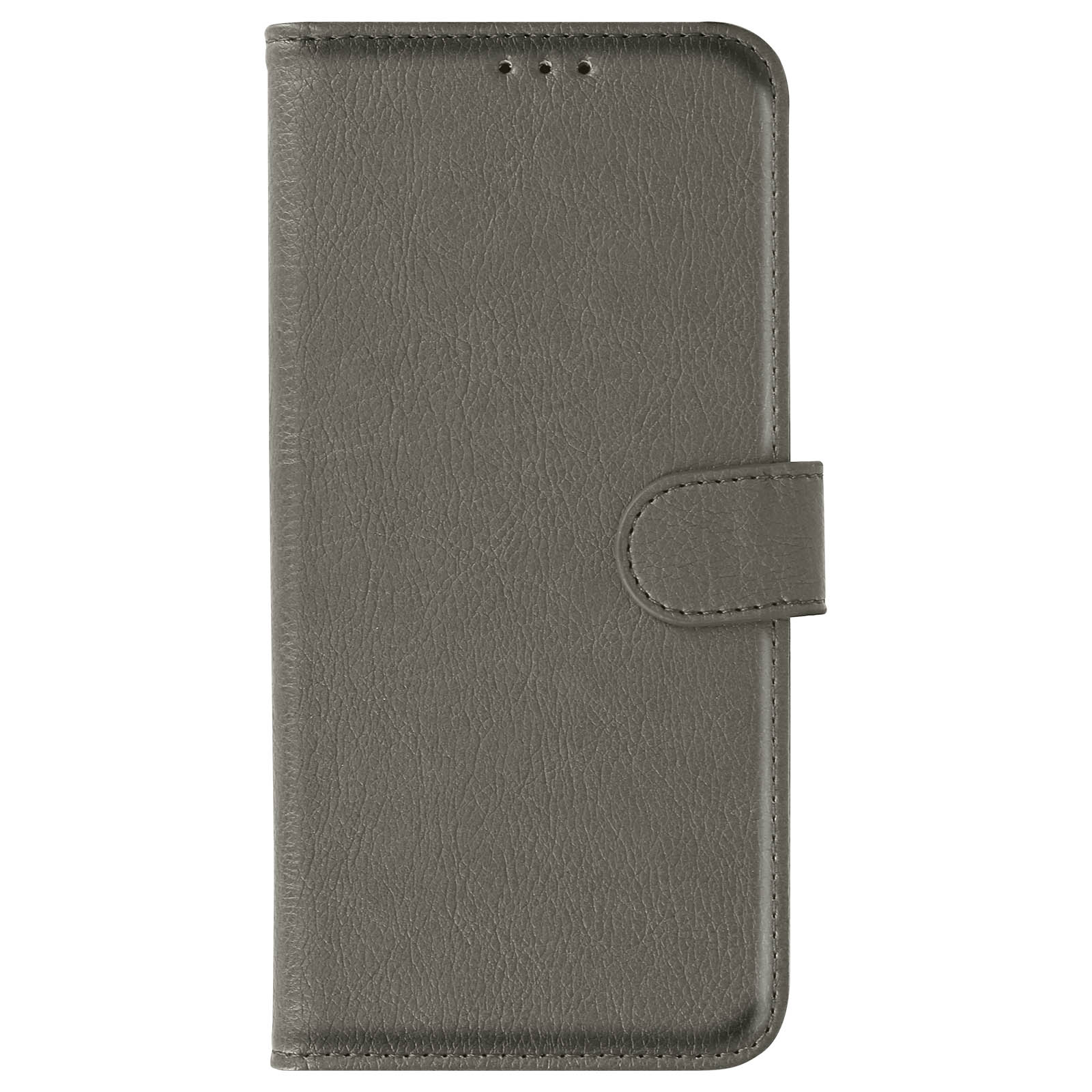 Funda de teléfono gris. Vista de cerca de la funda cerrada con cierre magnético.