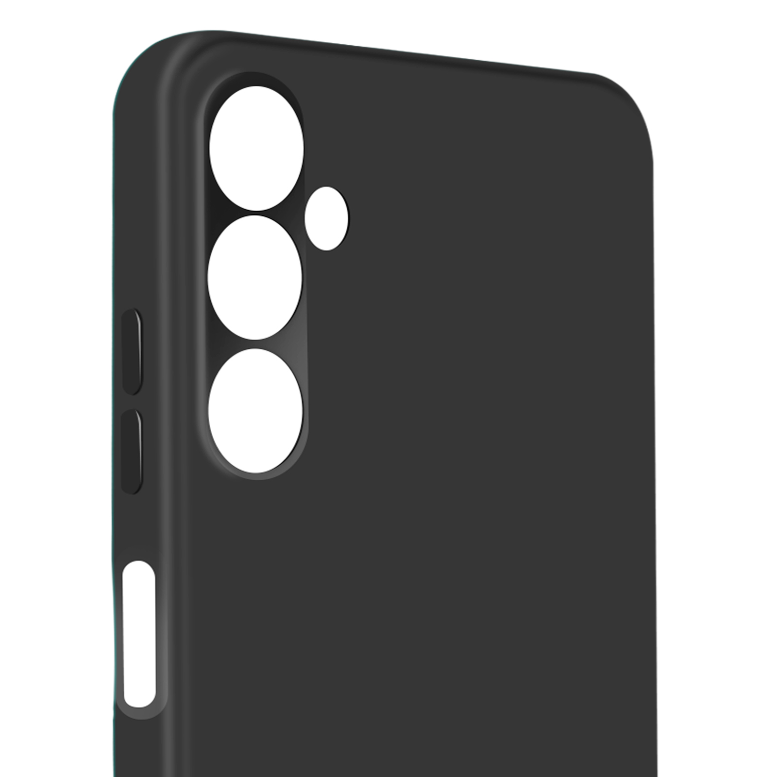Primo piano di una custodia per telefono nera. Ha tre ritagli per la fotocamera e un ritaglio per il flash. Il lato ha pulsanti.