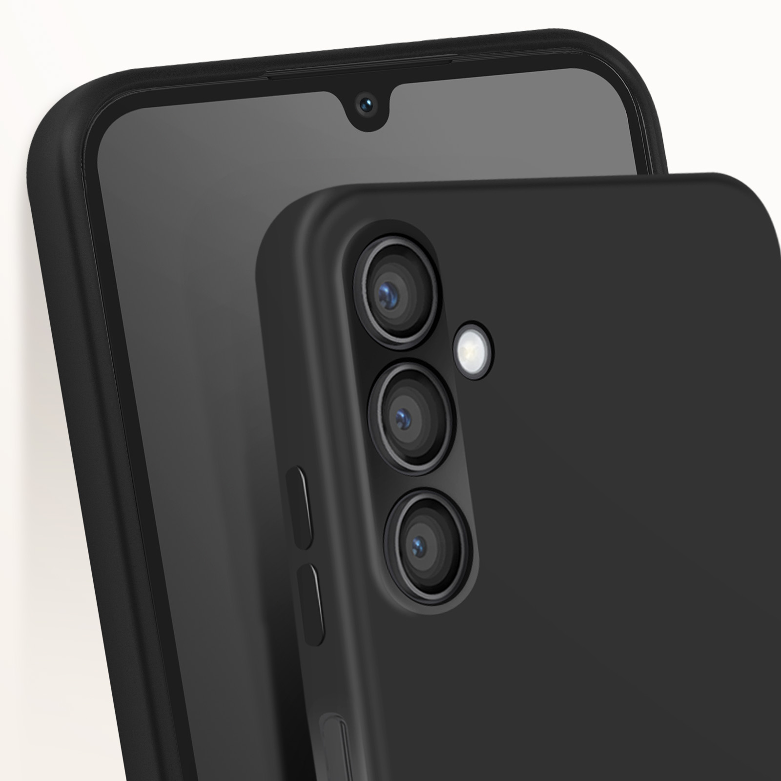 Una custodia per telefono nera con tre obiettivi della fotocamera. Un secondo telefono è visibile dietro la custodia.