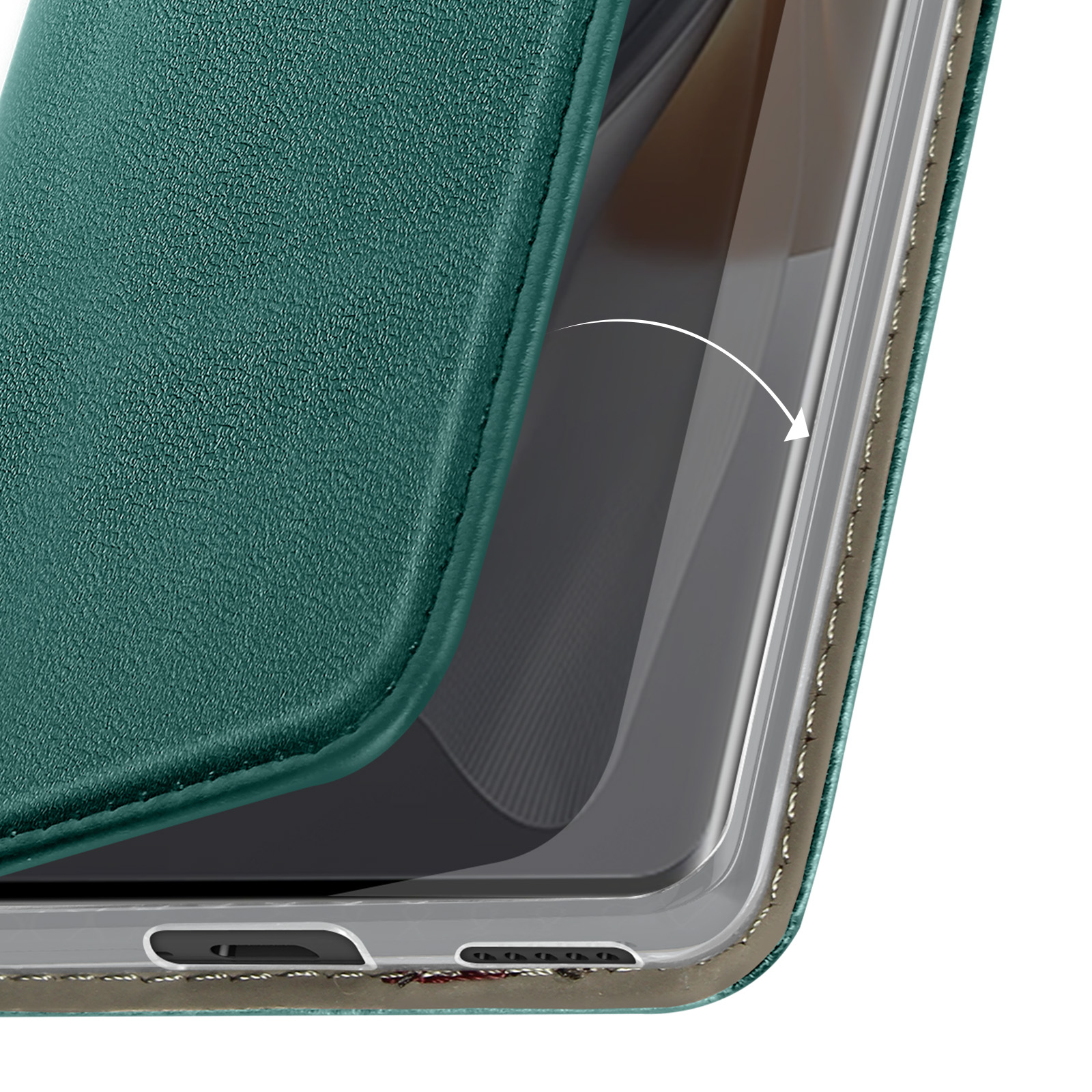 Eine grüne Handyhülle wird geöffnet, um ein Telefon im Inneren freizulegen. Die Hülle ist lederartig mit Nähten.