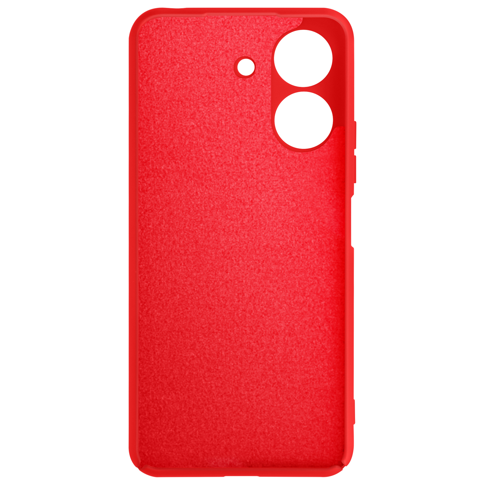 Custodia rossa per telefono, con ritagli per la fotocamera. La custodia è strutturata e lo sfondo è bianco.