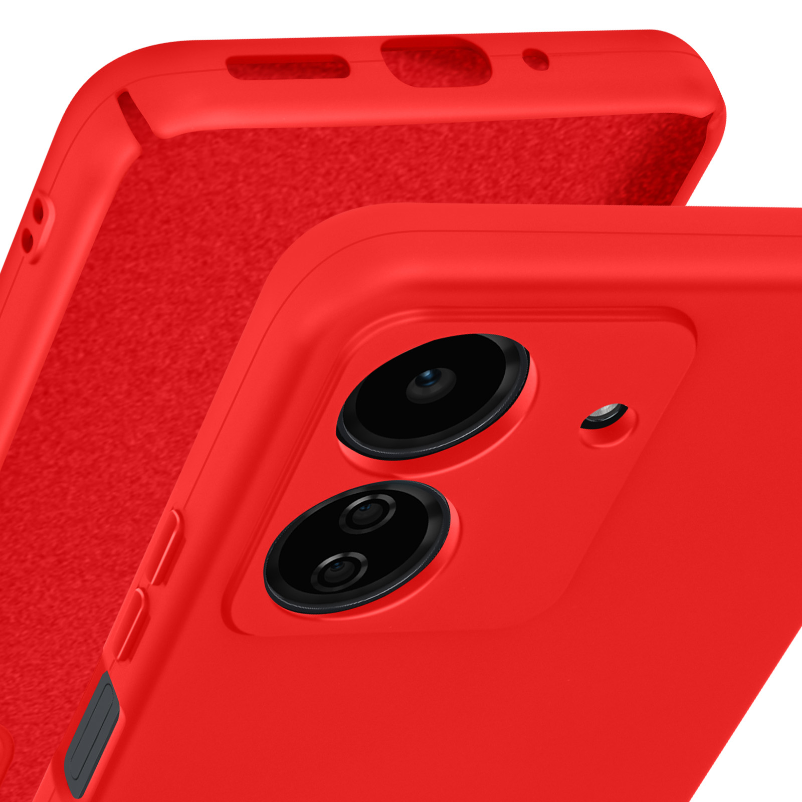 Primo piano di una custodia rossa per telefono con ritagli per fotocamera, il telefono non è visibile.