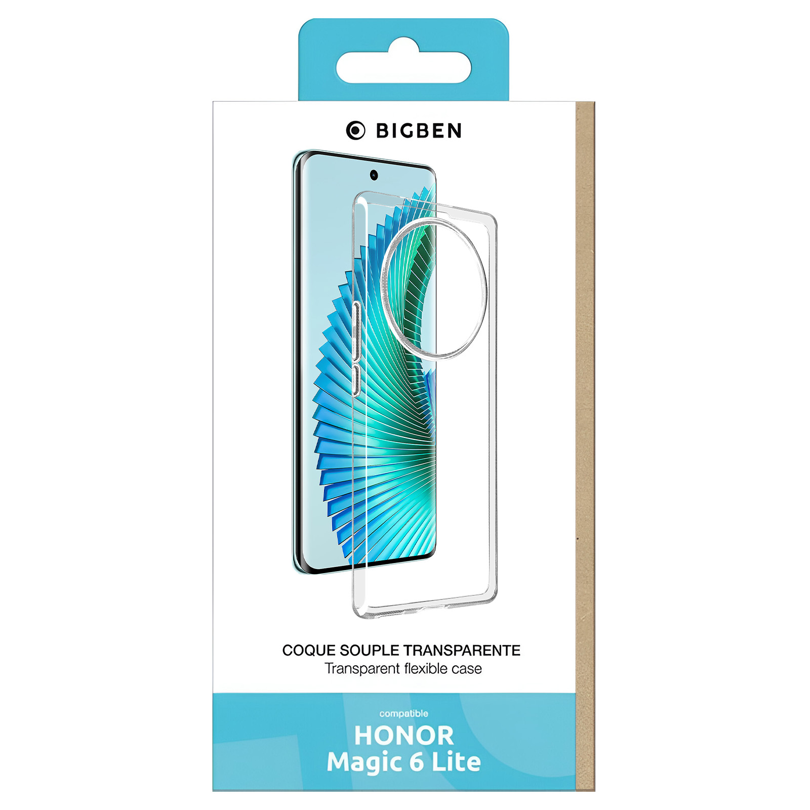 Ein Telefon in einer transparenten Hülle in einer Box. Die Hülle ist für ein Honor Magic 6 Lite.