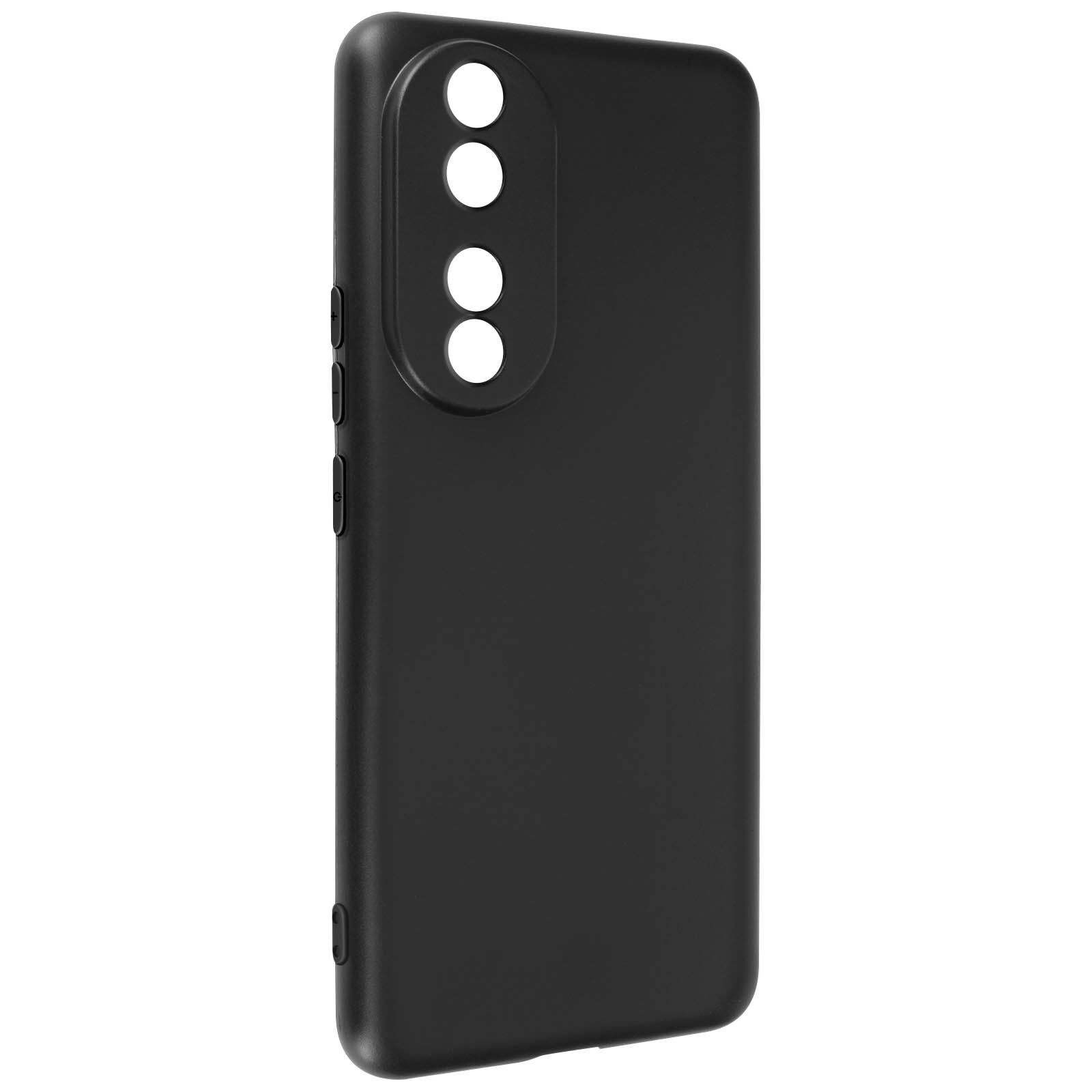 Una custodia per telefono nera con tre fori per la fotocamera e pulsanti laterali. La custodia è per un telefono.