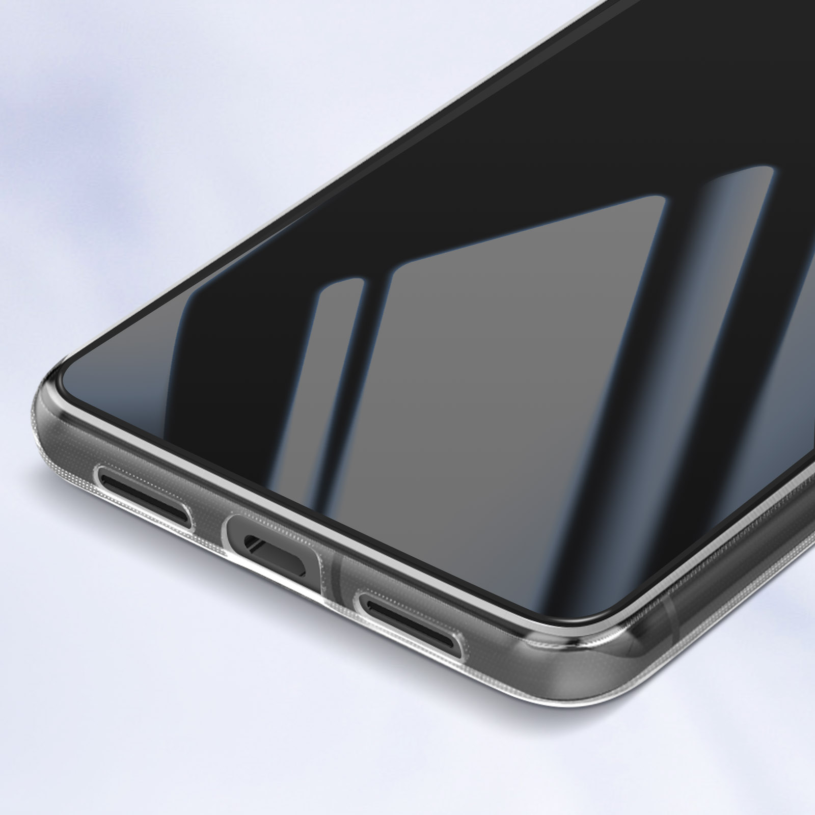 Primo piano di uno schermo del telefono con una custodia trasparente.