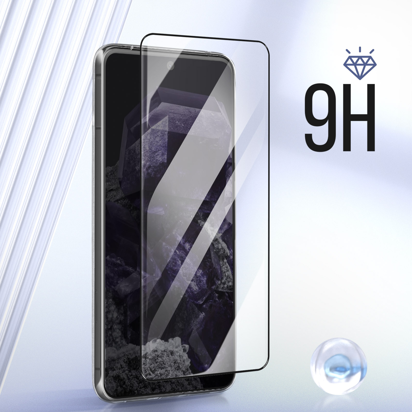 Telefono con protezione schermo applicata. Un'icona a diamante e 9H sono visualizzati.