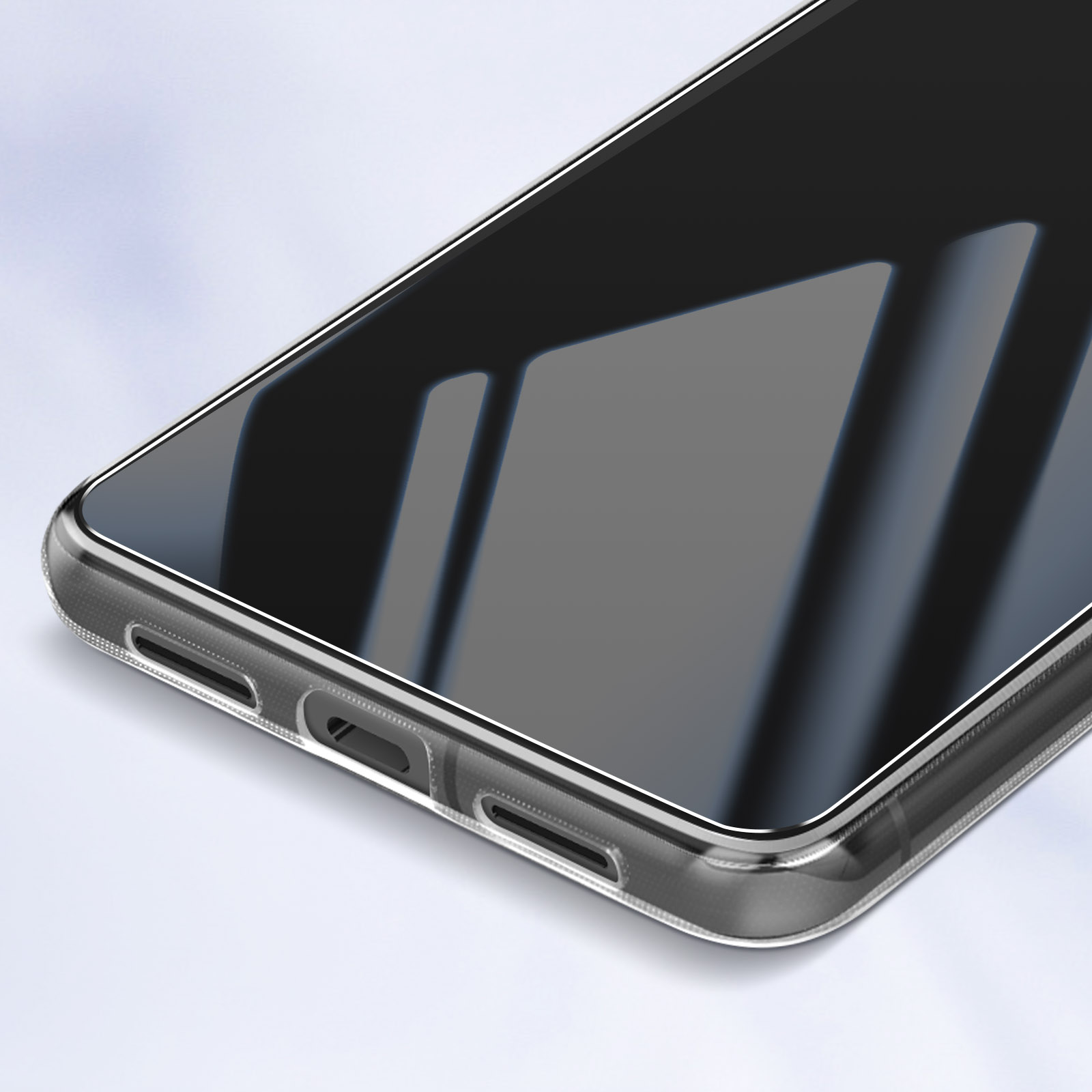 Una custodia trasparente su un telefono. Lo schermo è nero e riflette la luce.